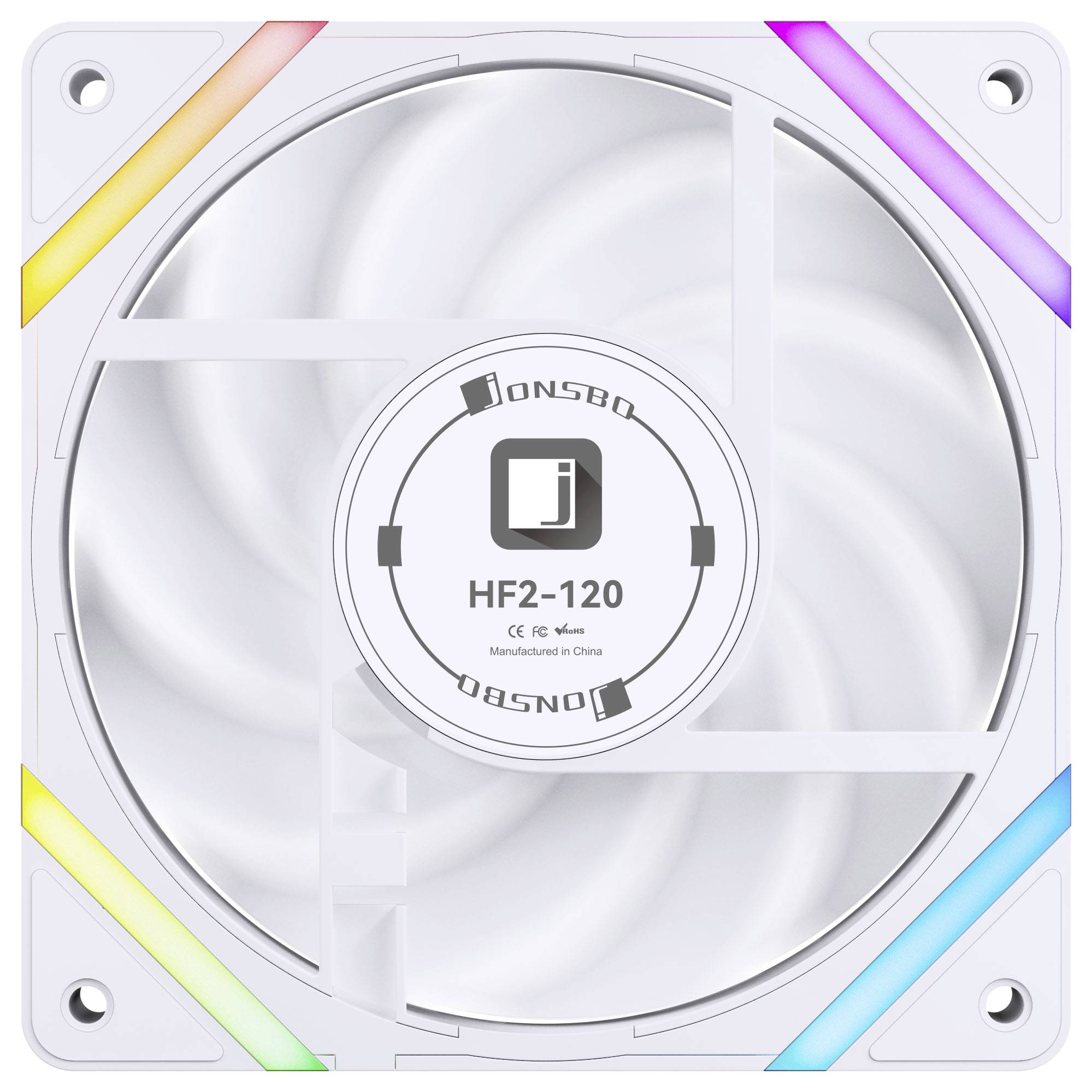 Ein weißer Computerlüfter mit einem zentralen Etikett 