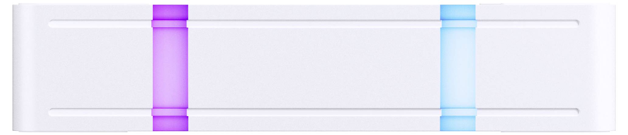 Ein rechteckiger weißer Gegenstand mit vertikalen violetten und blauen Streifen auf jeder Seite.
