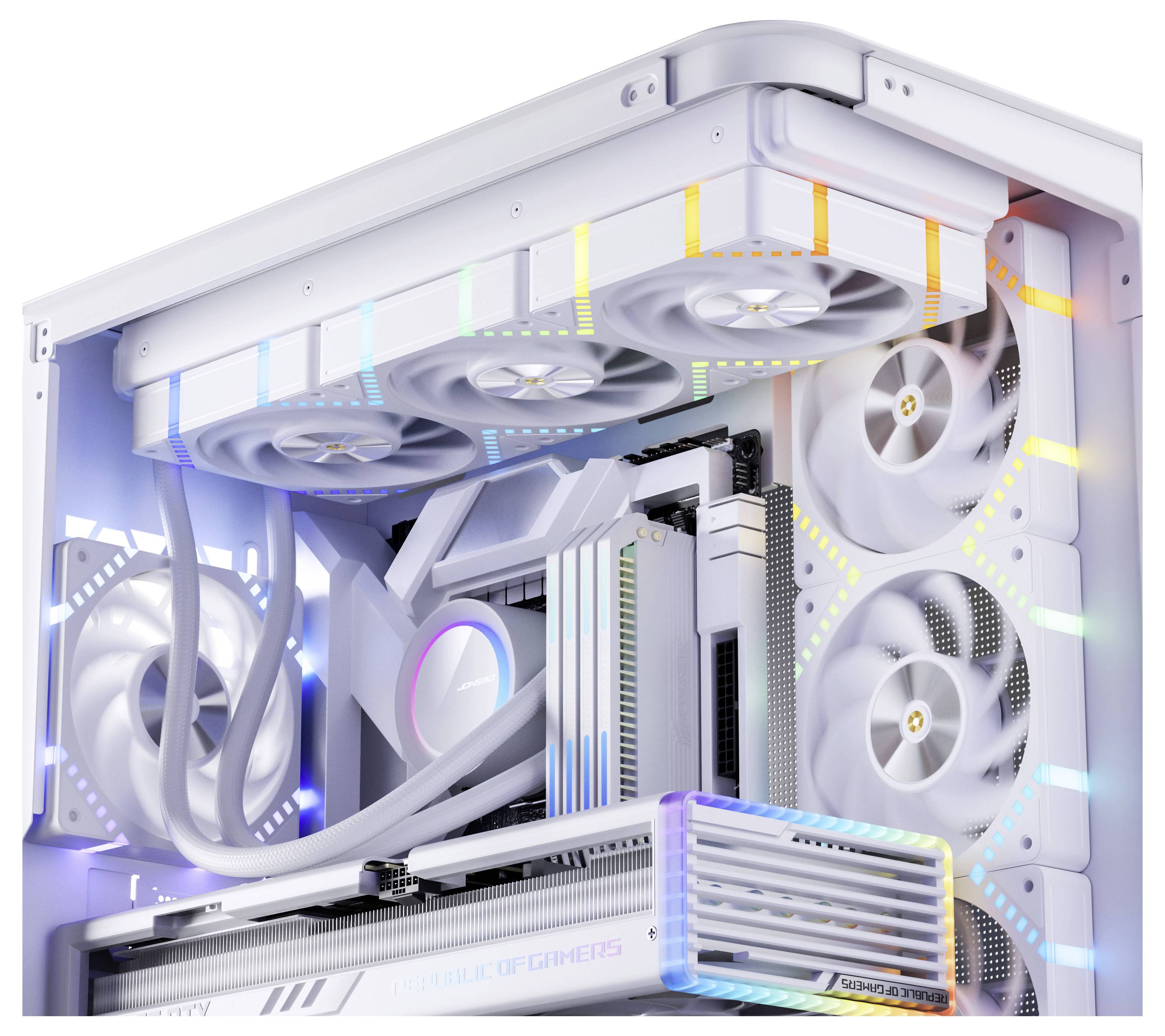 Ein weißer Gaming-PC mit LED-beleuchteten Lüftern und Kühlsystem, der fortschrittliche Komponenten und farbenfrohe Beleuchtung für Leistung und Ästhetik präsentiert.