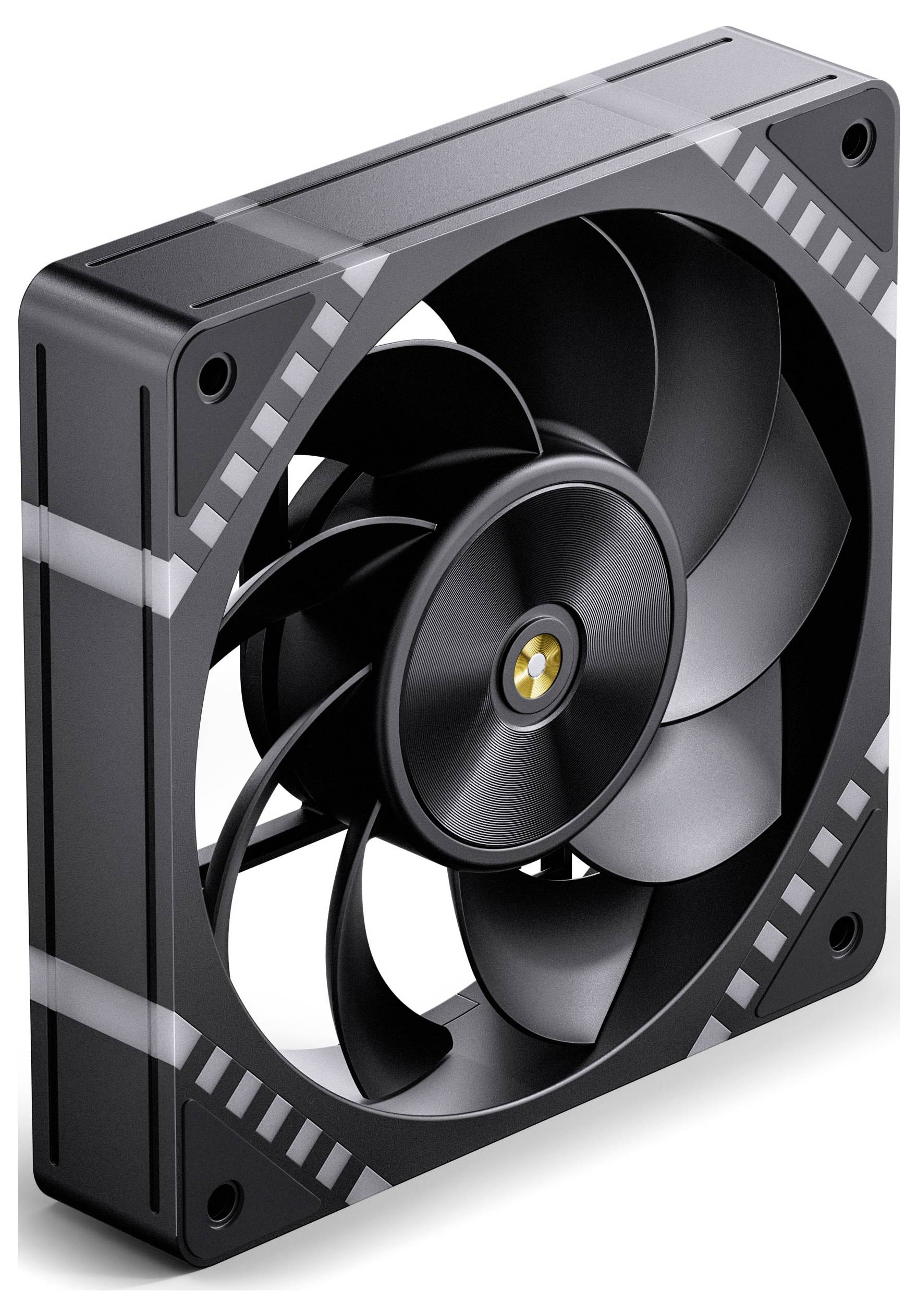 Ein schwarzer Computer-Kühlventilator mit mehreren Flügeln, der ein modernes Design mit grauen Akzenten am Rahmen aufweist, aus einem leicht geneigten Blickwinkel betrachtet.