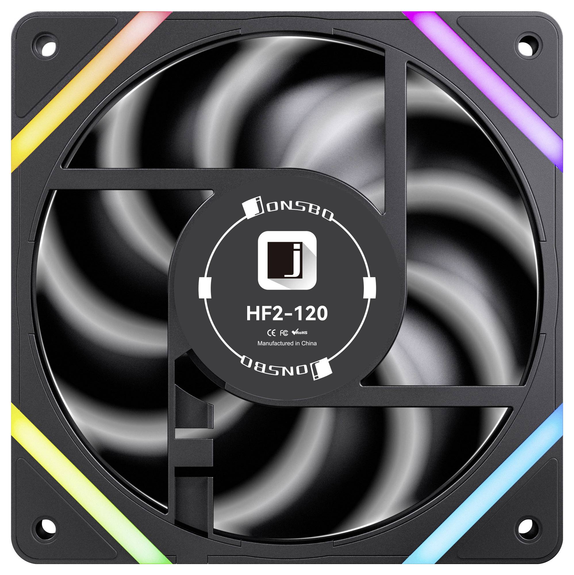 RGB-beleuchteter Computerlüfter mit der Bezeichnung 'HF2-120', entworfen von Jonsbo. Schwarzer Rahmen umschließt rotierende Rotorblätter und präsentiert regenbogenfarbene LED-Streifen.