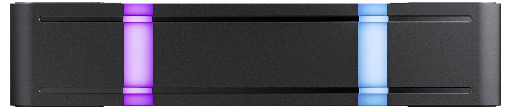 Ein schwarzes, rechteckiges Gerät mit leuchtend violetten und blauen Akzenten an beiden Seiten.