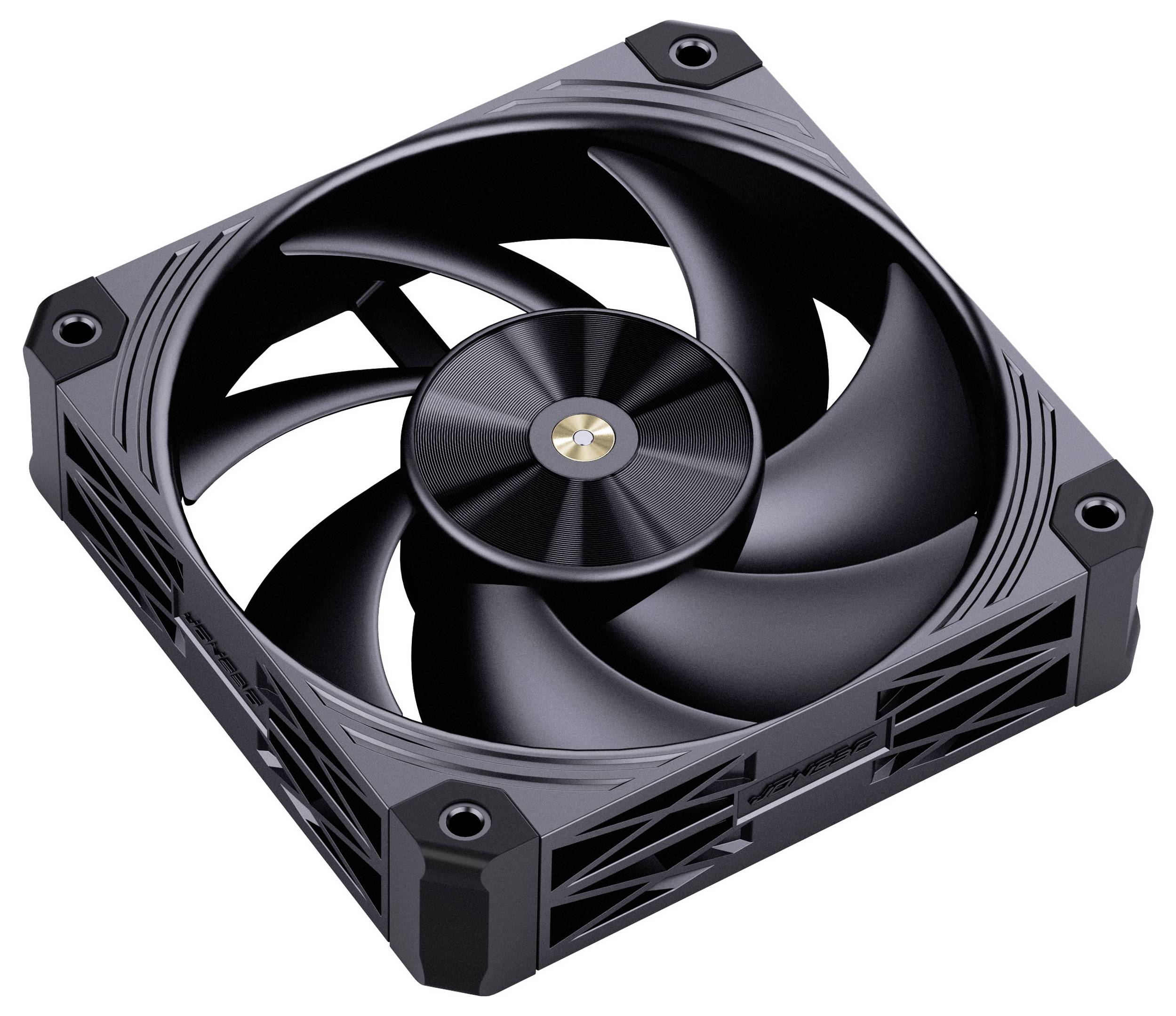 Ein schwarzer Computer-Kühlventilator mit mehreren Blättern in einem quadratischen Rahmen, aus einem Winkel betrachtet, zeigt Designdetails und Befestigungslöcher.