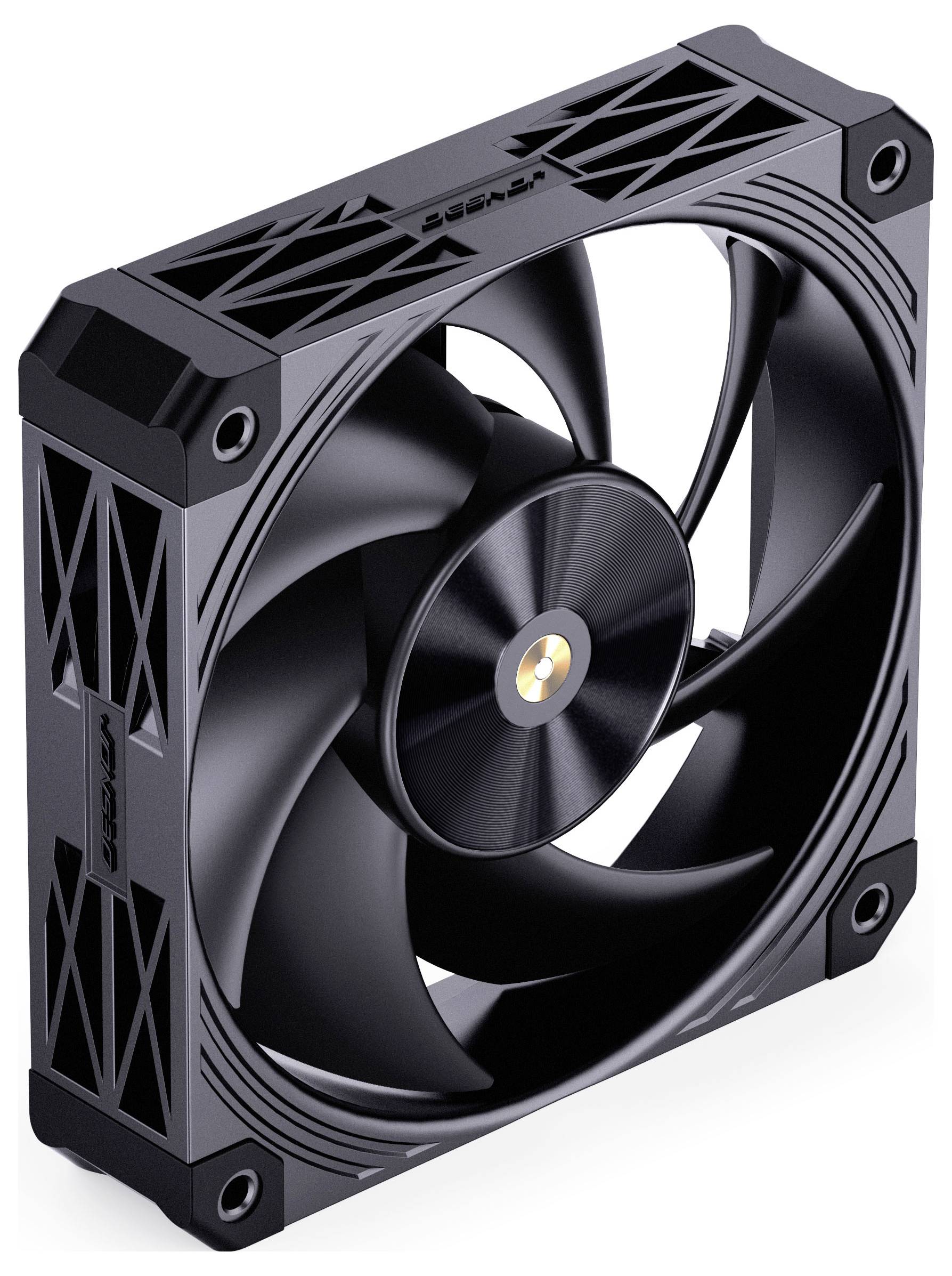 Ein schwarzer Computer-Kühlventilator mit quadratischem Rahmen und mehreren Blättern, mit einer metallischen Nabe in der Mitte, konstruiert für optimalen Luftstrom.