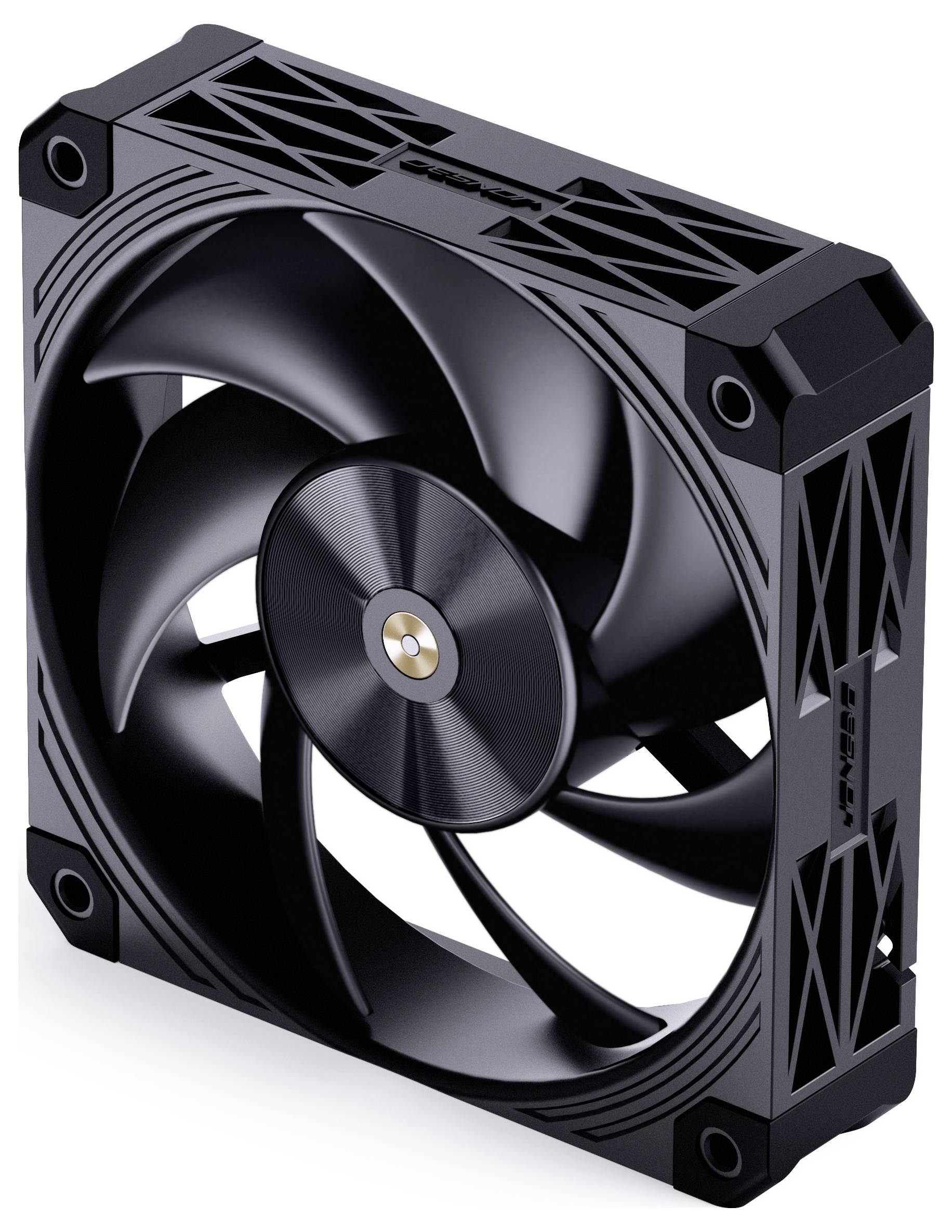 Computerkühler mit neun schwarzen Blättern in einem quadratischen Rahmen, gekennzeichnet mit Text - HF3-120, hergestellt in China.