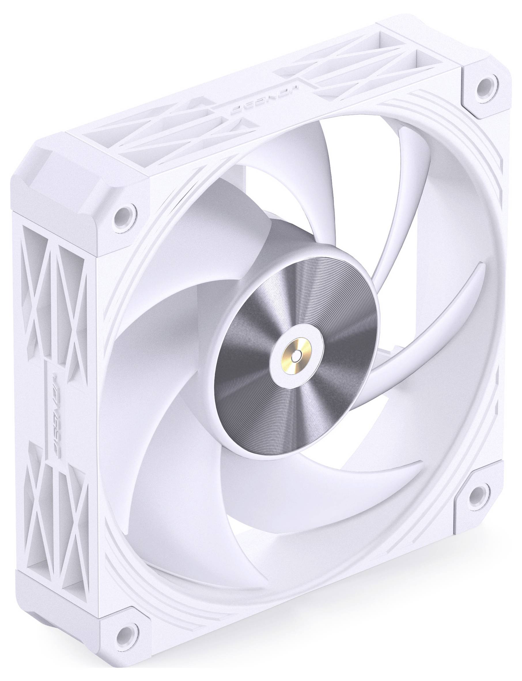 Ein weißer Computer-Kühlventilator mit einer zentralen silbernen Nabe und eleganten Blättern, die für effiziente Luftzirkulation in einem PC-Gehäuse ausgelegt sind.