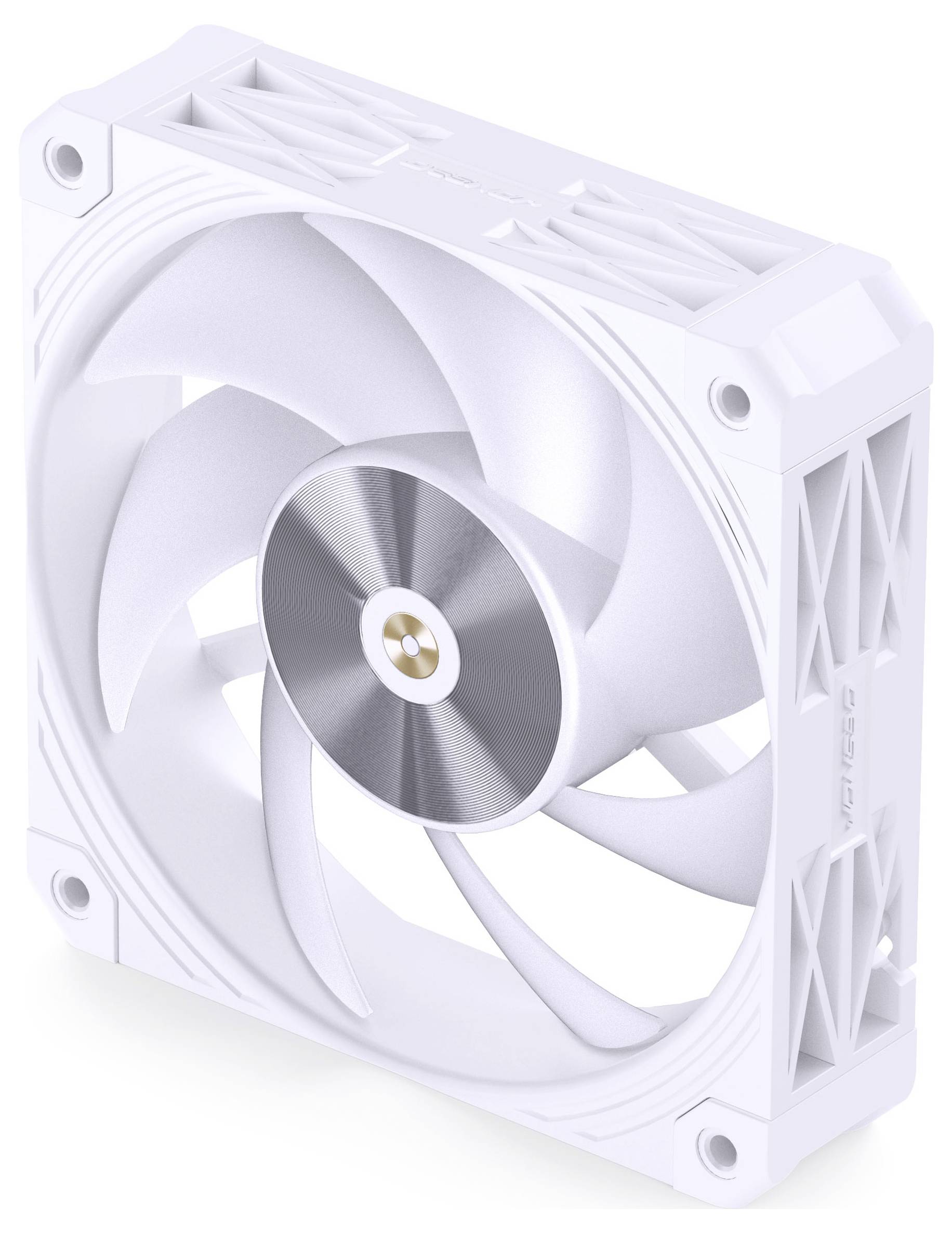 Weißer Computer-Kühlventilator mit mehreren Blättern und einer kreisförmigen metallischen Mittekkappe, entwickelt zur Verbesserung der Luftzirkulation in elektronischen Geräten.