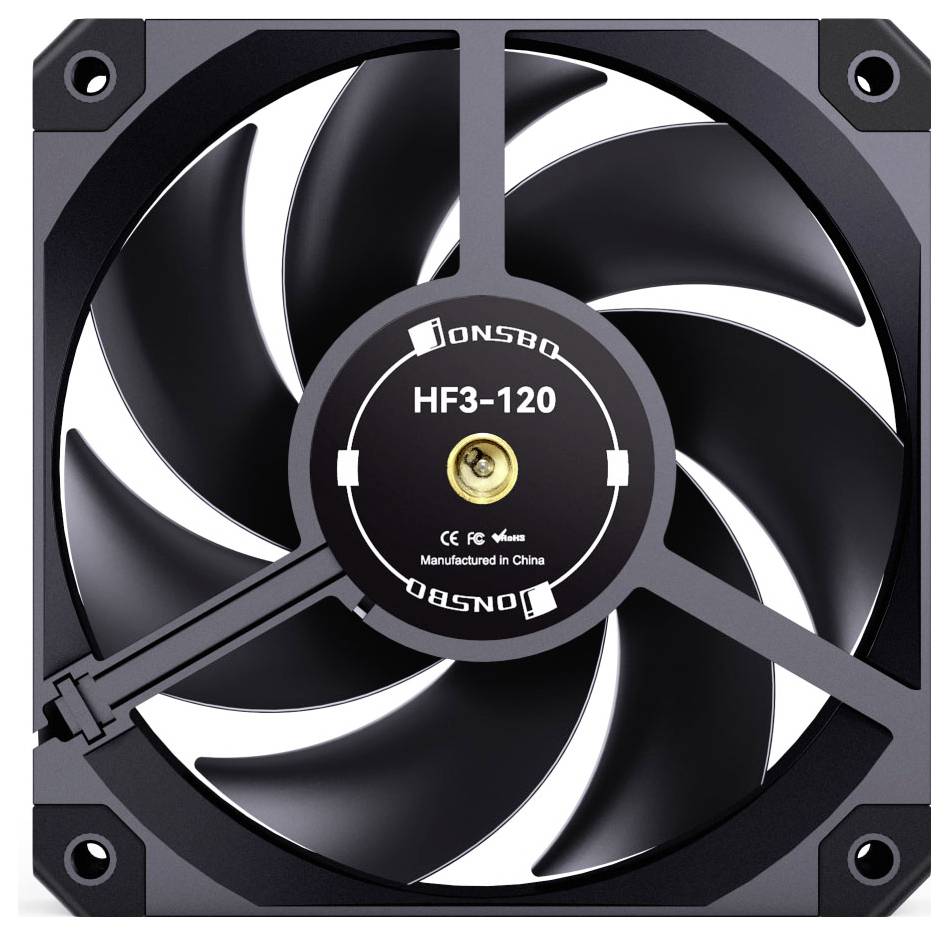 Ein schwarzer Computerlüfter mit gebogenen Blättern und einer zentralen Beschriftung mit der Aufschrift „HF3-120