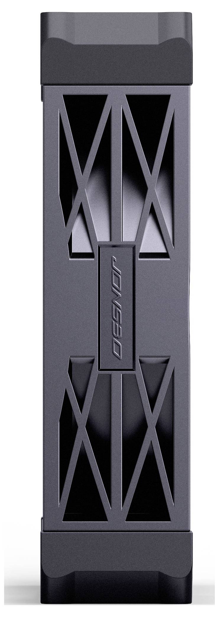 Ein vertikales, glattes Gerät mit geometrischem Muster auf seiner Oberfläche, in der Mitte mit der Marke „JONSBO