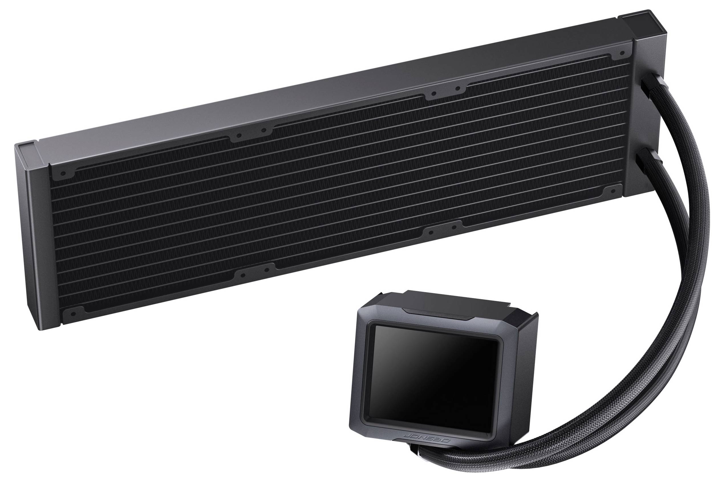 Ein schwarzes Flüssigkeitskühlsystem für Computer mit einem rechteckigen Radiator und angeschlossenen Schläuchen, das zum effizienten Kühlen von PC-Komponenten verwendet wird.