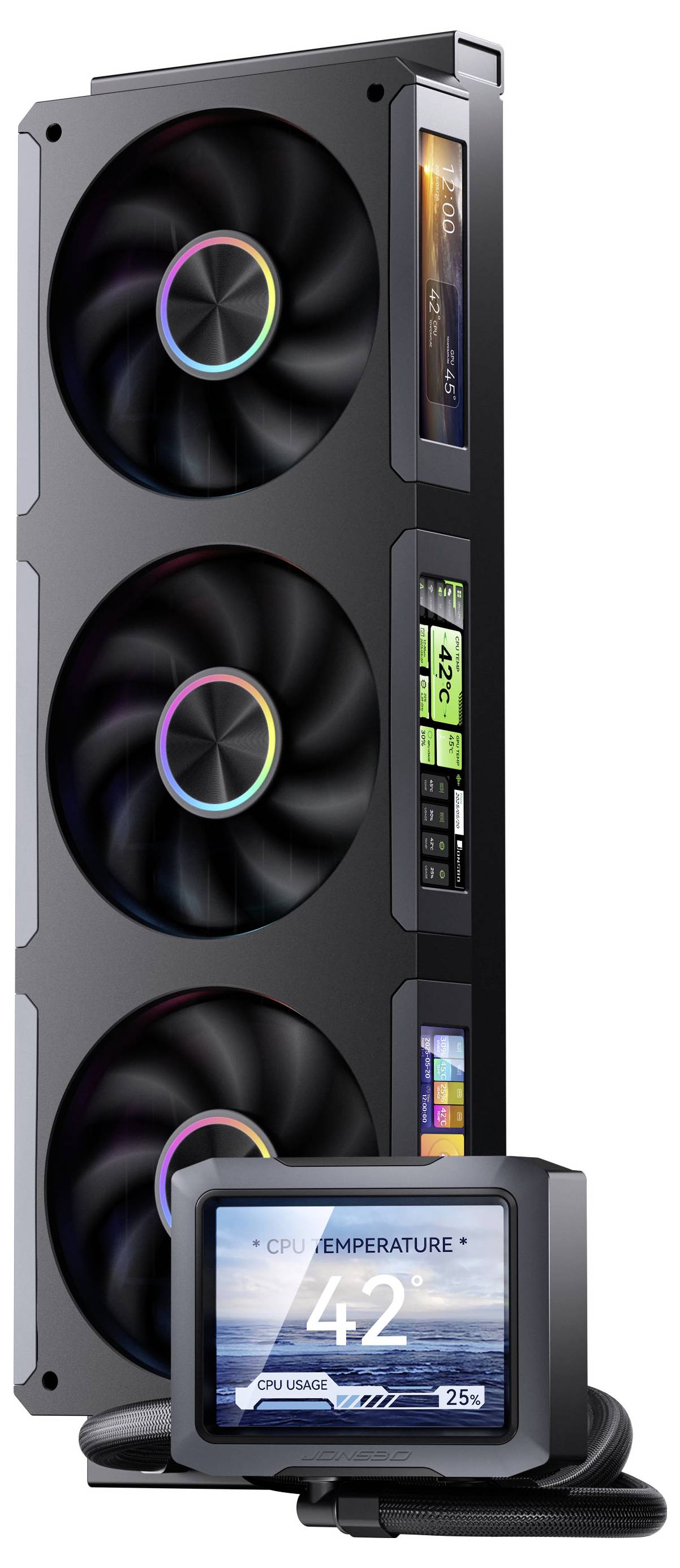 Drei Kühlventilatoren mit RGB-Beleuchtung neben einem digitalen Display, das 