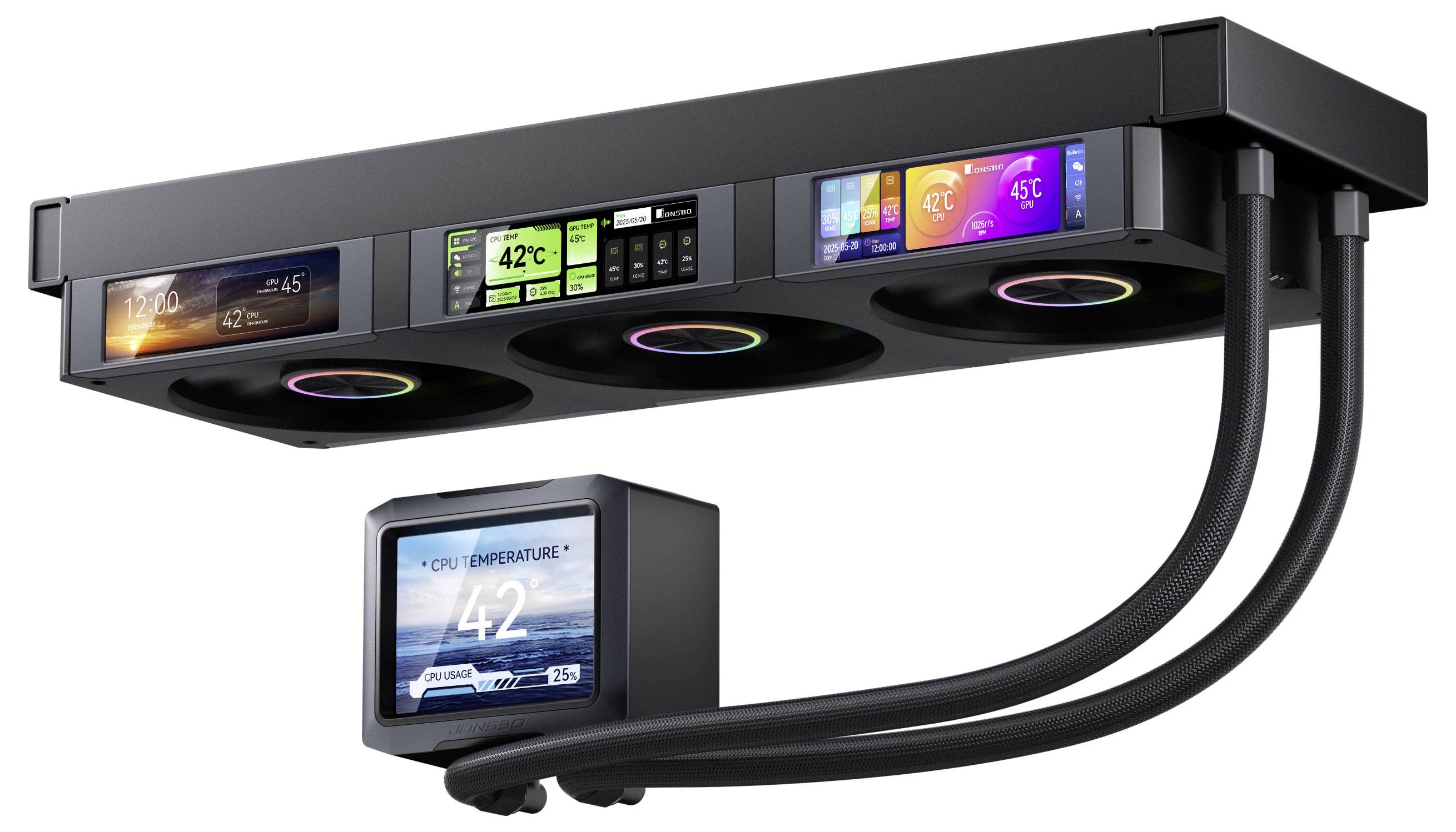 Ein elegantes, futuristisches PC-Kühlsystem mit digitalem Display, das Temperaturen und Leistungskennzahlen anzeigt. Vier Lüfter und Schläuche sind sichtbar.