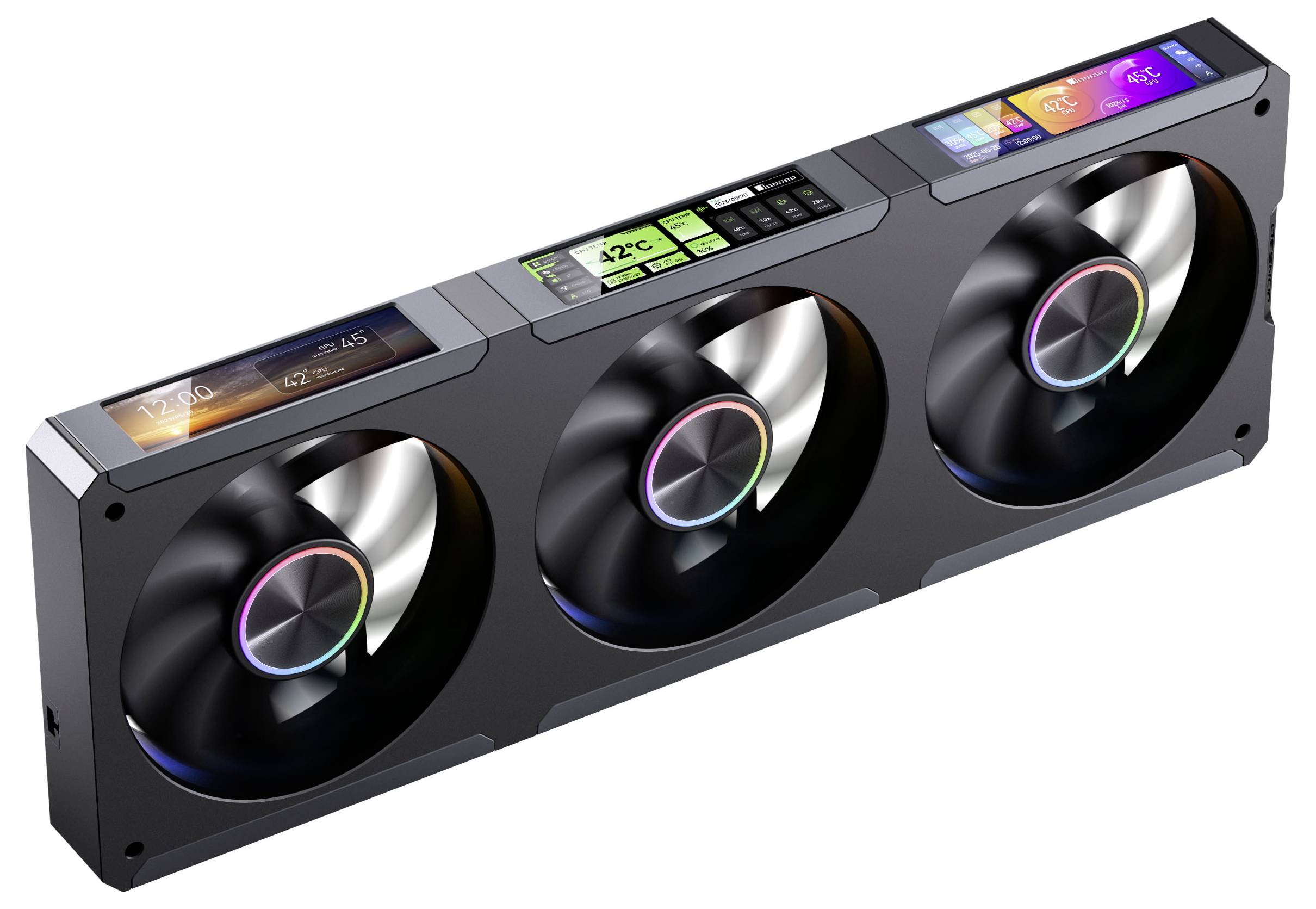 Ein Computerlüfter mit drei großen Blättern, ausgestattet mit RGB-Beleuchtung. Bildschirme darüber zeigen Systeminformationen wie Temperatur und Lüfterdrehzahl an.