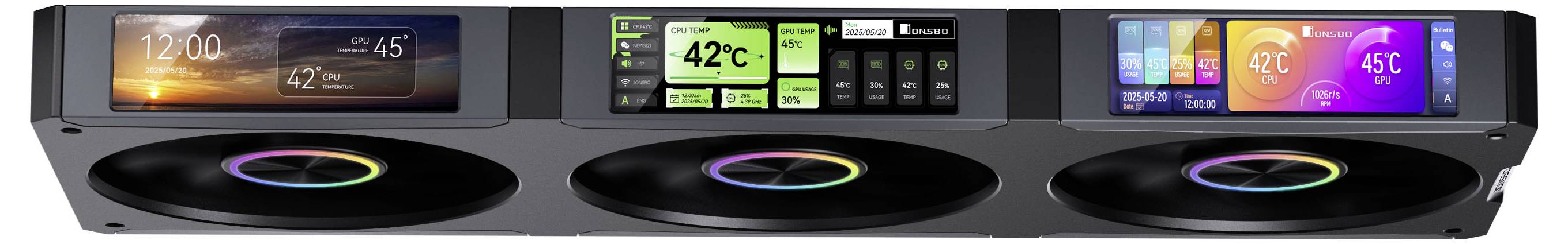 Drei digitale Bildschirme, die verschiedene Umweltdaten und farbenfrohe Grafiken über Lüftern mit Regenbogenlichteffekten anzeigen.