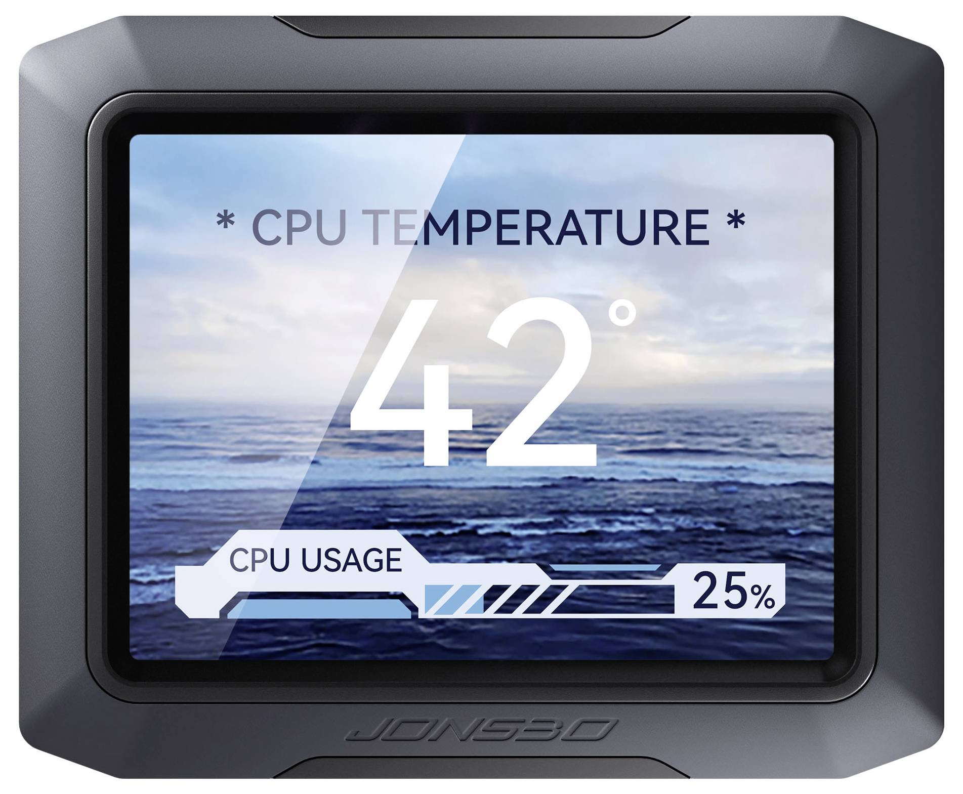 Gerätebildschirm zeigt CPU-Temperatur '42°' und CPU-Auslastung '25%' vor einem Hintergrund von Meereswellen an.