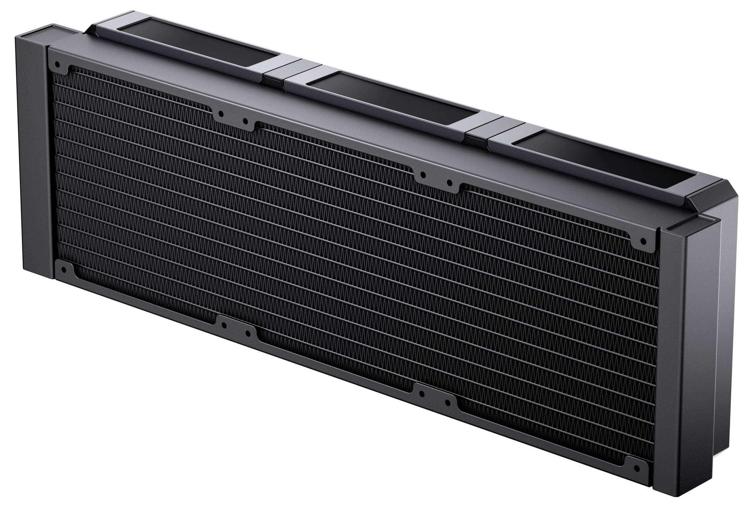 Ein schwarzer rechteckiger Kühler zur Kühlung von PC-Komponenten, ausgestattet mit einem Rastermuster und drei Lüfterschächten oben.