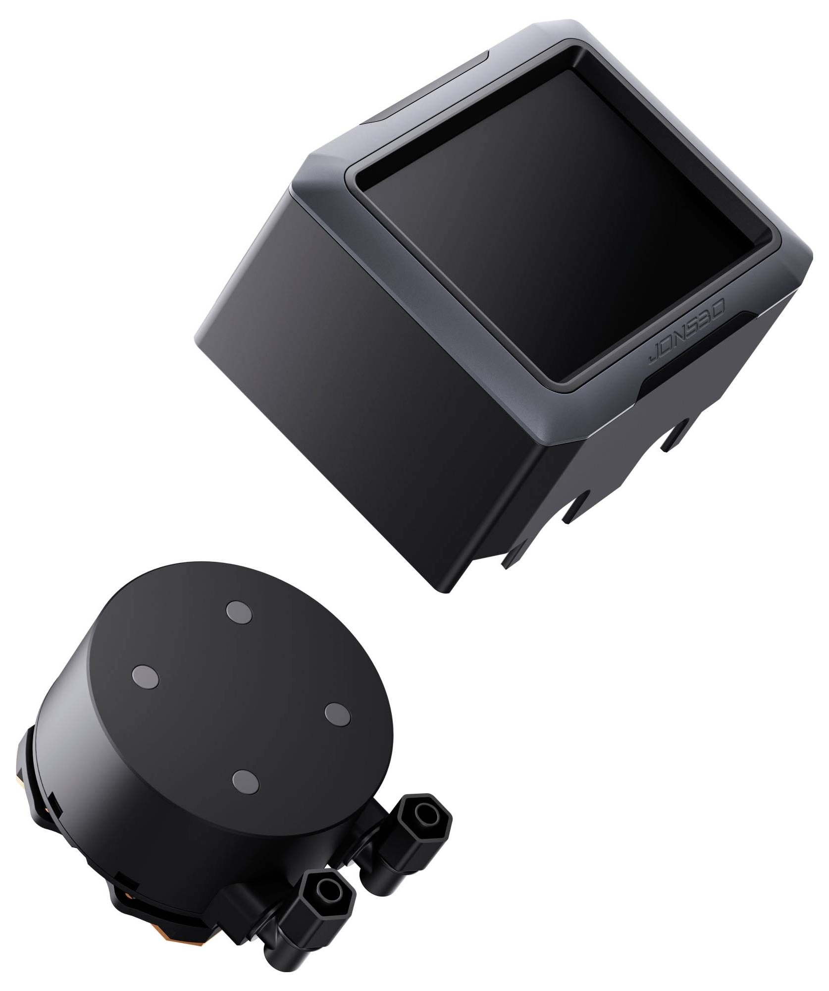 Ein modernes, quadratisch geformtes Gerät neben einem flachen, kreisförmigen Gadget, beide mit eleganten schwarzen Außenflächen und ohne sichtbare Markierungen oder Text.