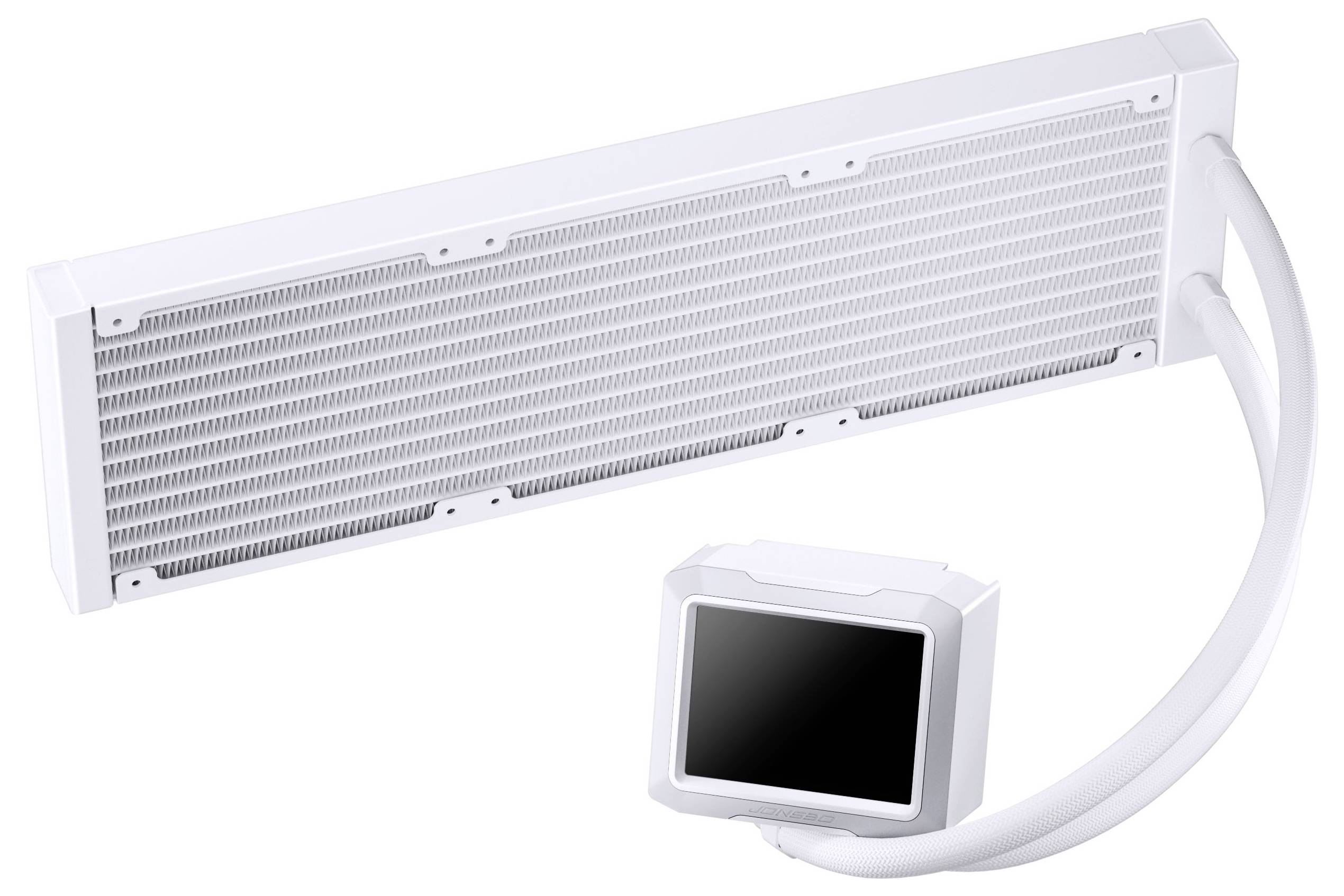 Ein weißes, rechteckiges elektronisches Gerät mit belüfteter Front und einem angebrachten Display auf einem flexiblen Arm, wahrscheinlich zur Steuerung oder Überwachung.