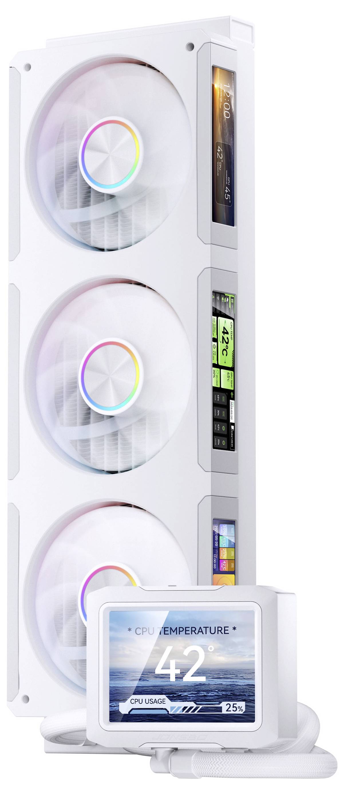 Drei RGB-Kühlventilatoren mit digitaler Anzeige, die die Temperatur 