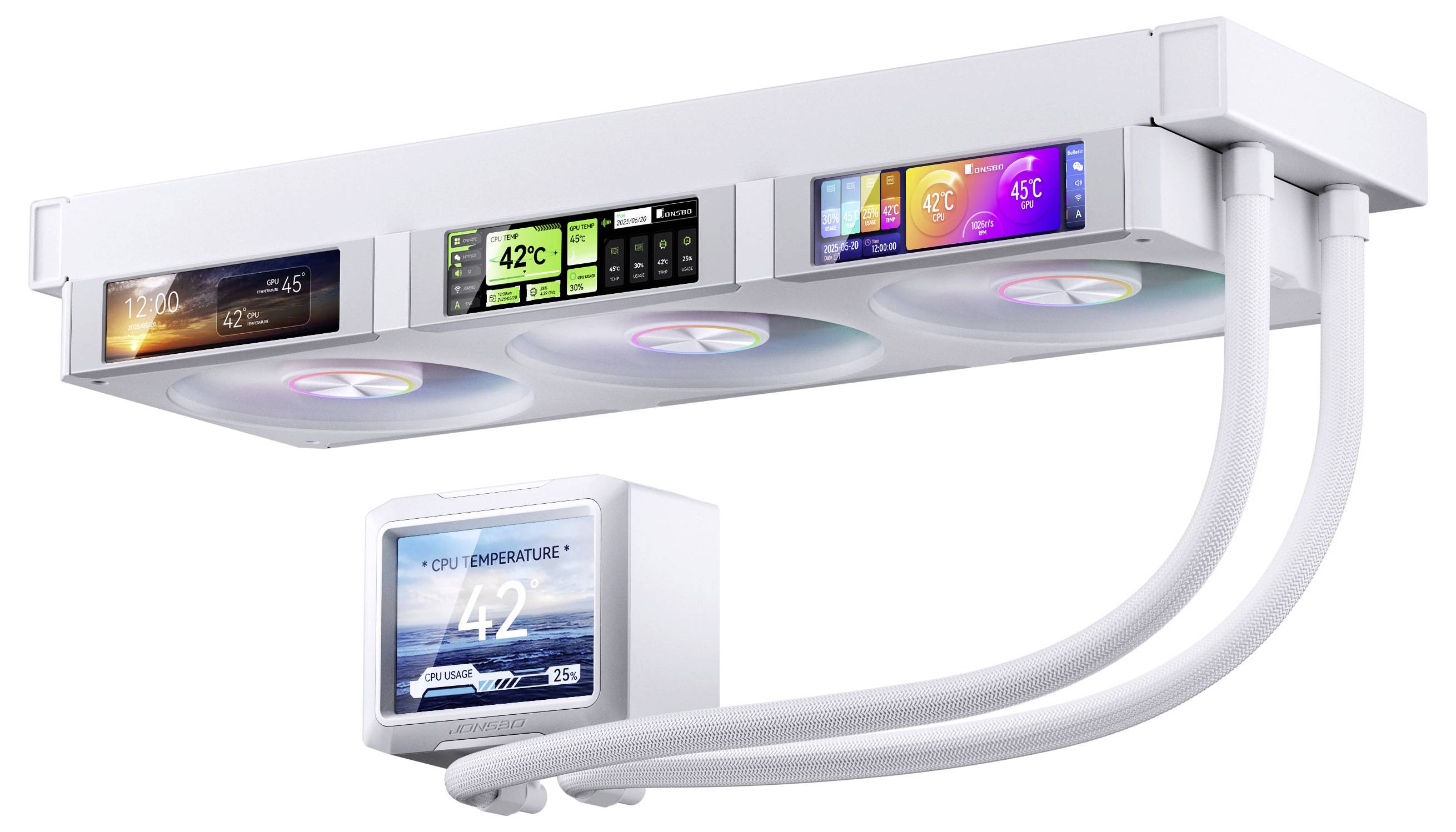 Deckenmoniertes Gerät mit digitalen Anzeigen, die verschiedene Daten anzeigen, möglicherweise bezogen auf Luftqualität oder Temperatur, und das über Schläuche verbunden ist.