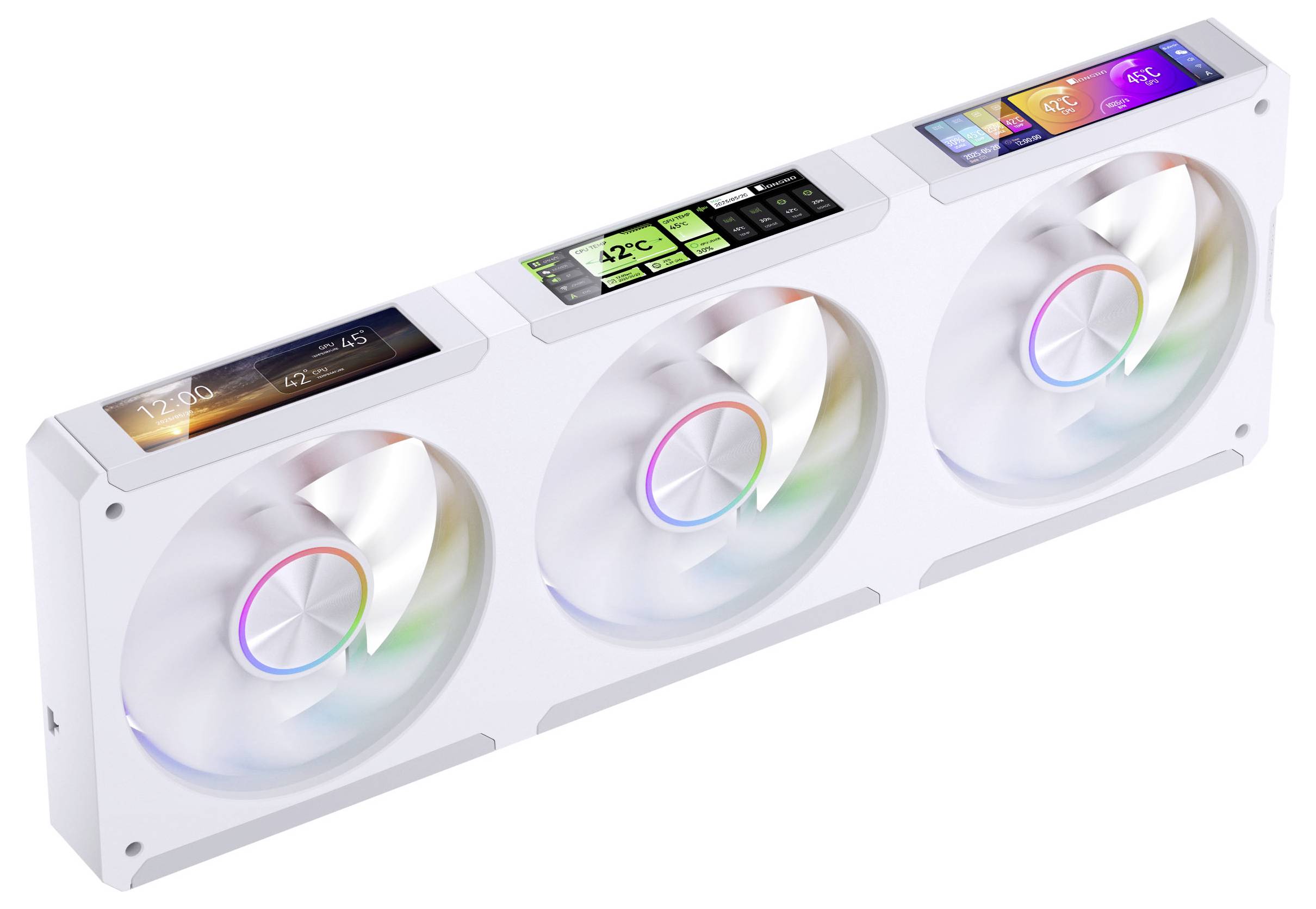 RGB-Kühlventilator mit drei beleuchteten Lüftern, ausgestattet mit kleinen Anzeigebildschirmen auf der Oberseite, die Temperatur und Leistungsstatistiken anzeigen.