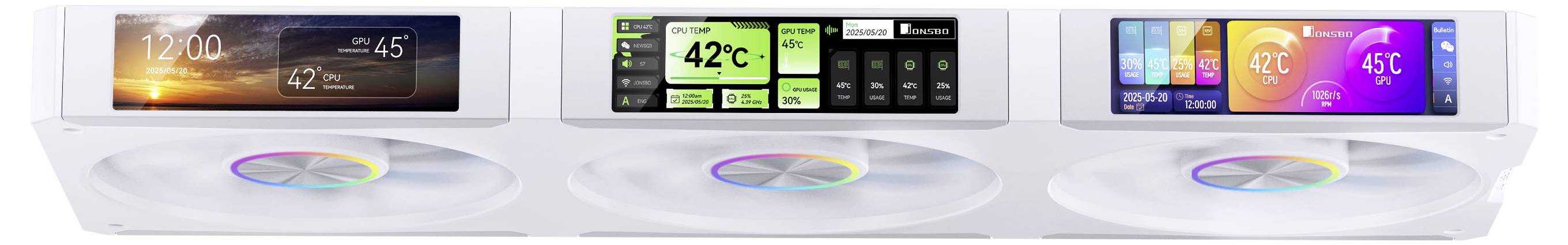 Eine Serie von drei digitalen Lüfterdisplays mit Temperatur- und Wetterinformationen. Jedes Display hat einen hell leuchtenden Lüfter darunter.