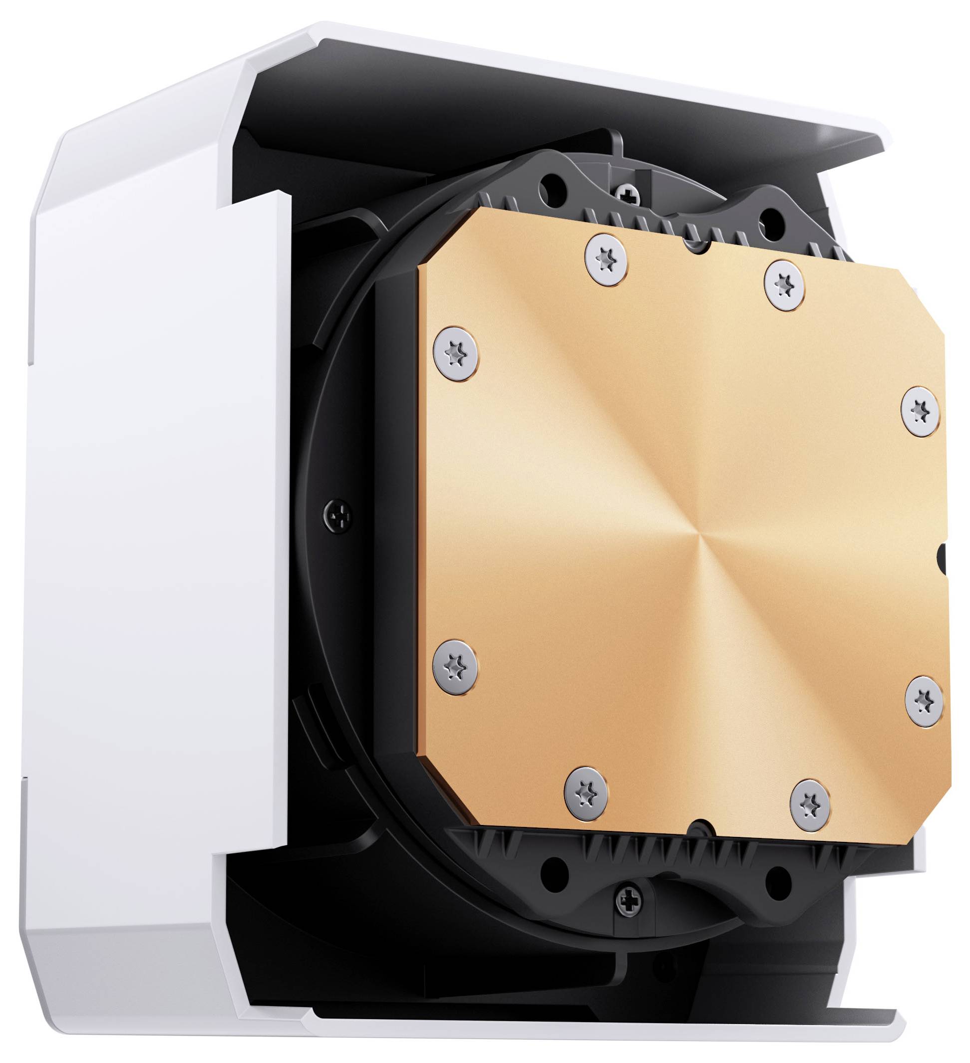 Quadratischer Kupferkühler mit Lüftermontage, teilweise in weißem Gehäuse eingebaut. Wird zum Kühlen elektronischer Komponenten verwendet.