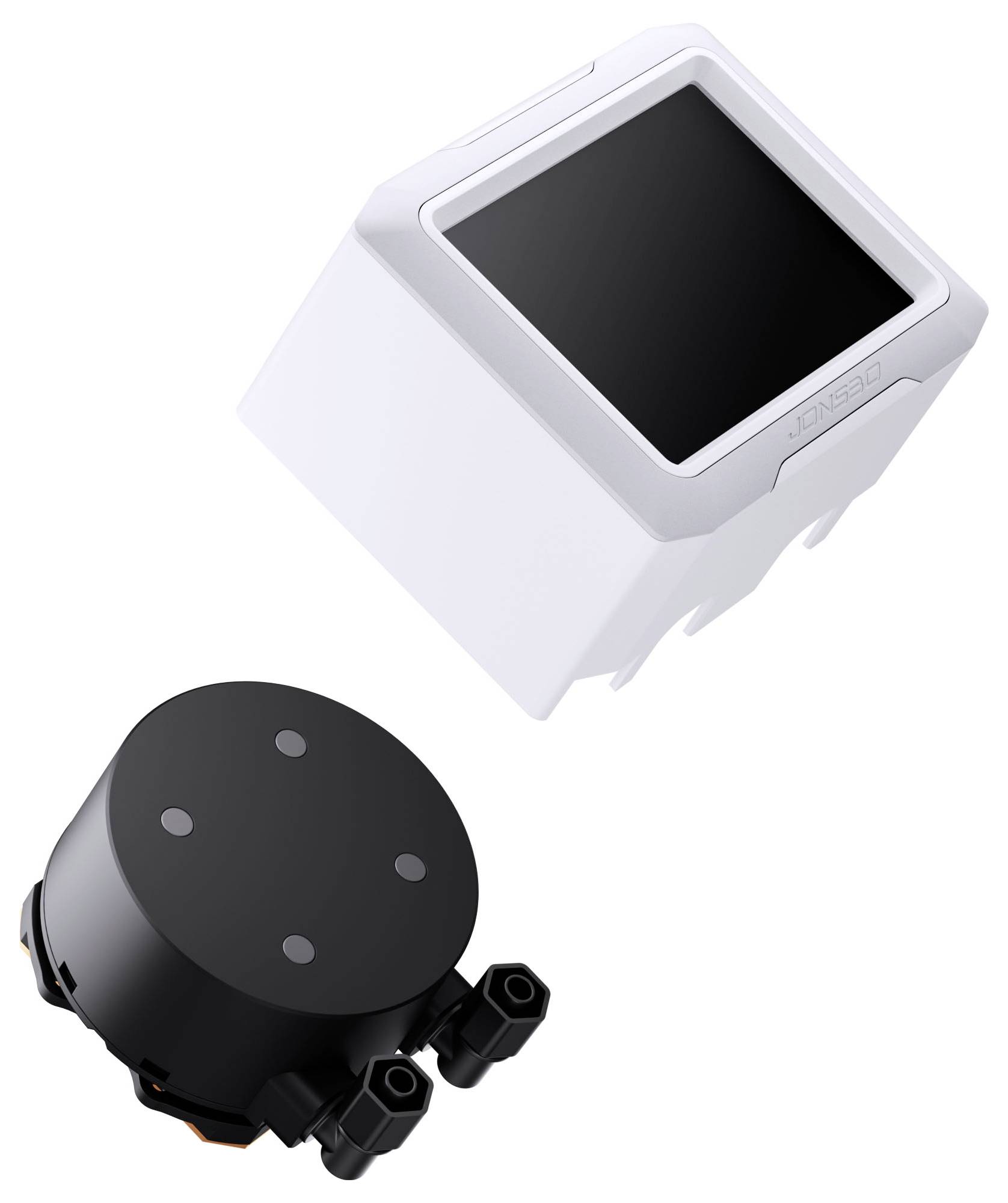 Ein weißes, rechteckiges Anzeigerät ist mit einer runden, schwarzen Komponente mit vier sichtbaren Verbindungspunkten gekoppelt.