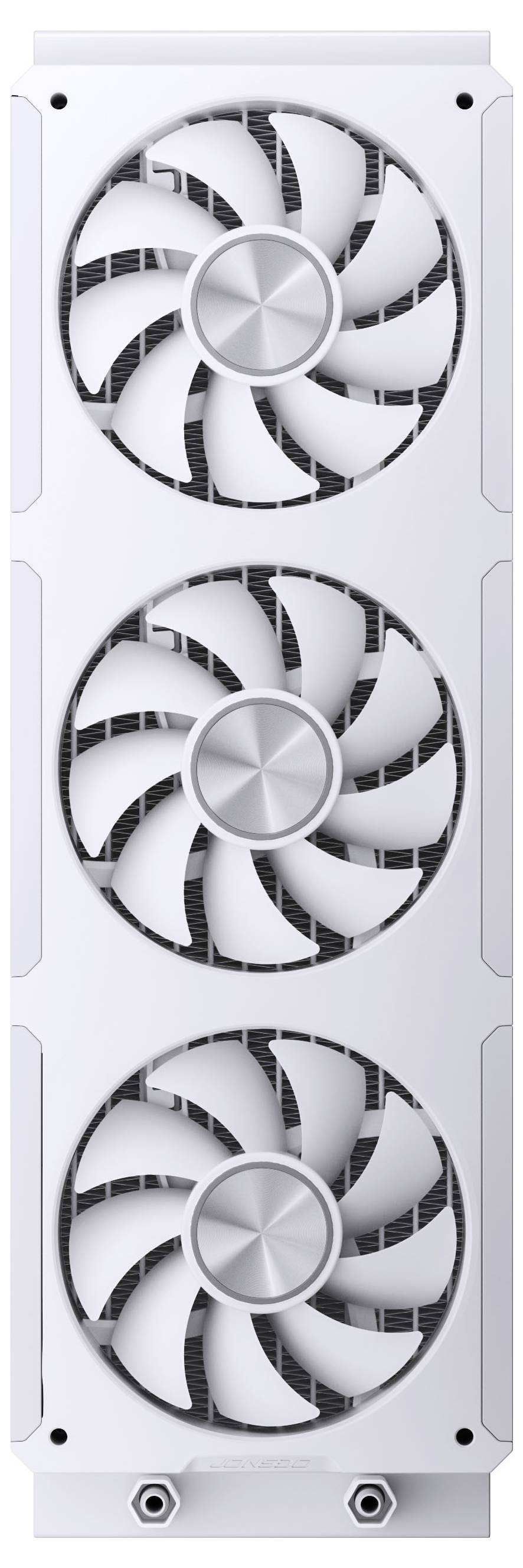 Eine weiße Grafikkarte mit drei großen Kühlern, die für hochleistungs-Gaming oder Verarbeitungsaufgaben konzipiert ist.