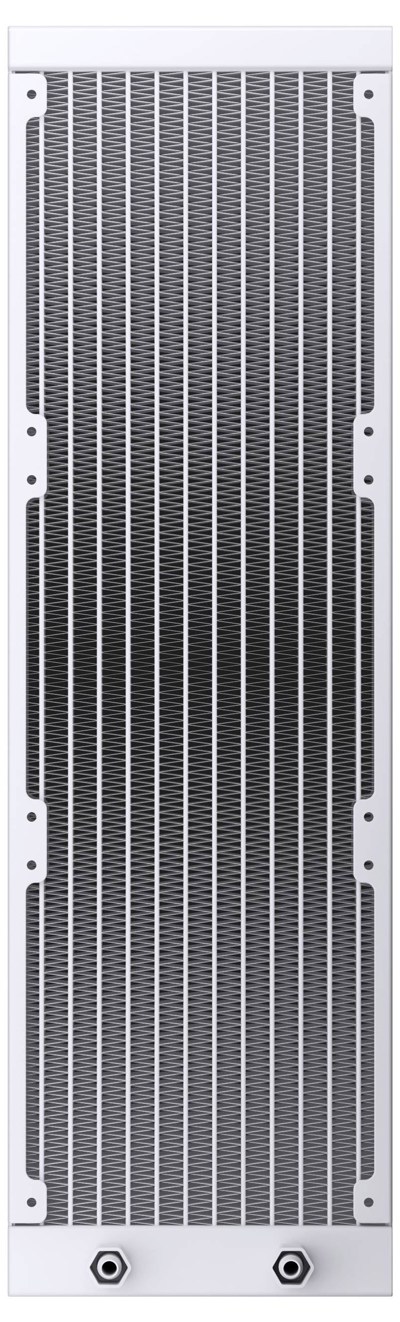 Rechteckiges Metall-Heizkörperpaneel mit vertikalen Rillen, ausgestattet mit zwei unteren Anschlüssen, verwendet in Heiz- und Kühlsystemen.