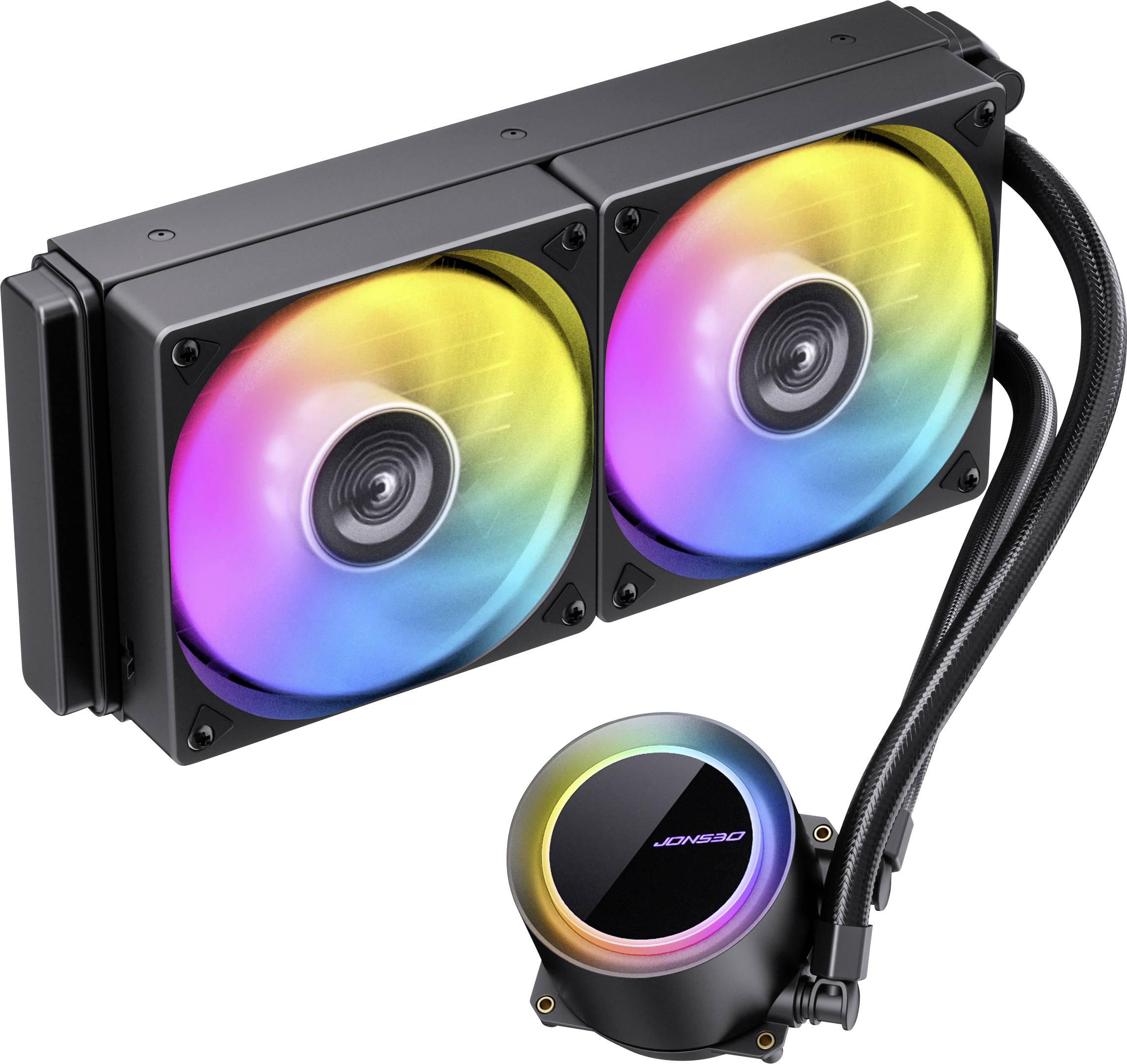 Ein Kühlsystem mit zwei Lüftern für die CPU, ausgestattet mit RGB-Beleuchtung und einem angeschlossenen Wasserblock. Die Lüfter und der Block verfügen über leuchtstarke, mehrfarbige Beleuchtung.