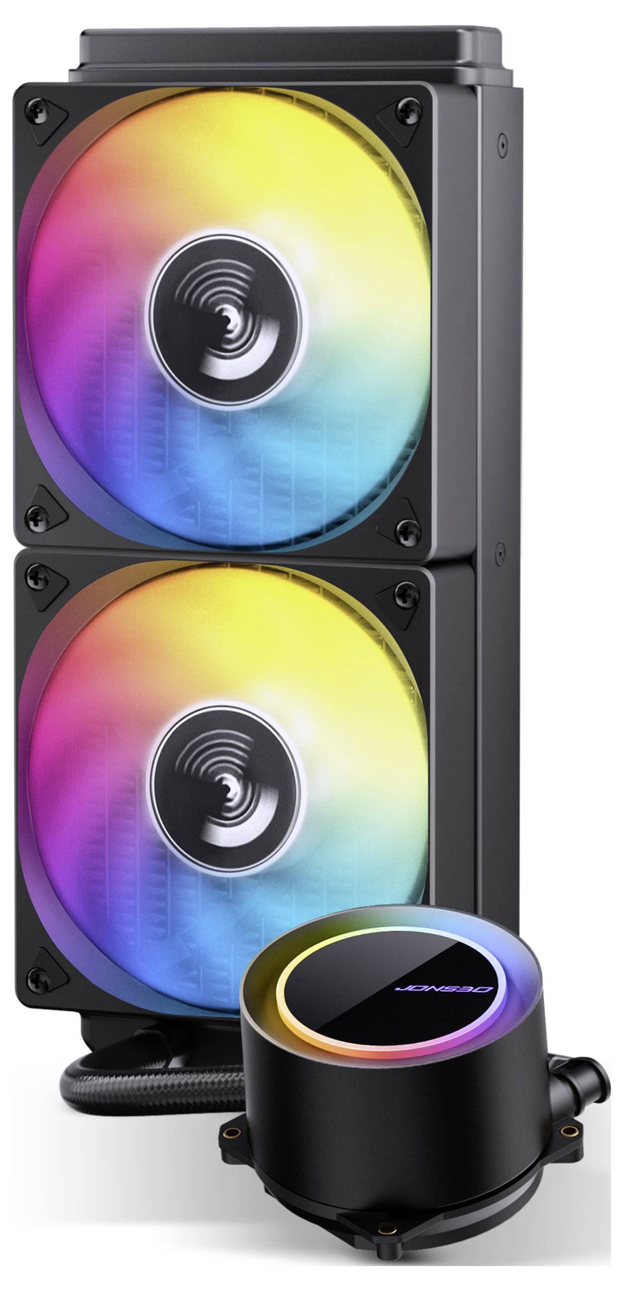 Ein Computerkühsystem mit zwei vertikal ausgerichteten, mehrfarbigen LED-Lüftern und einer zylindrischen Komponente mit einer beleuchteten Anzeige auf der Oberseite.