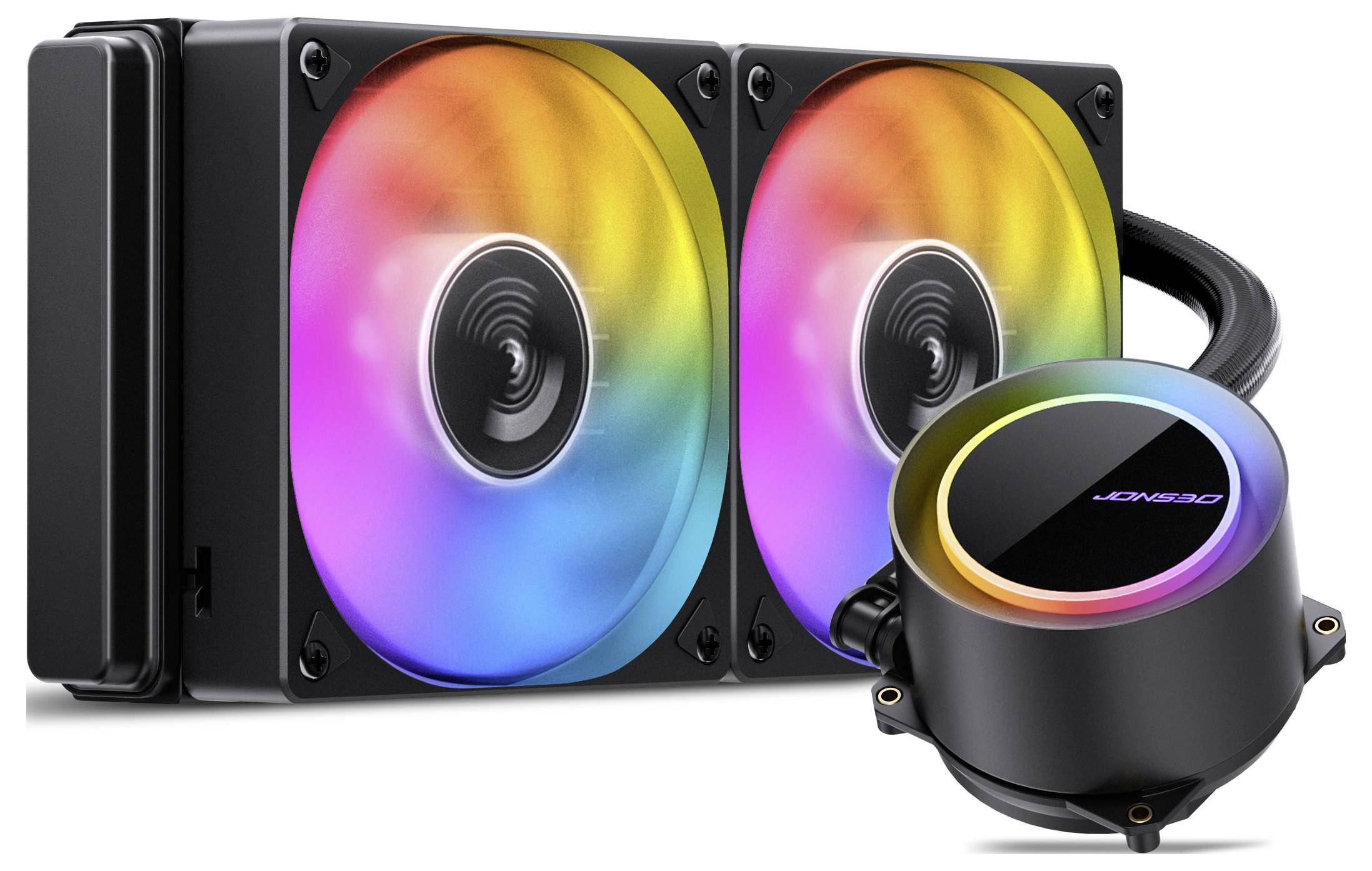 Flüssigkeitskühler mit zwei RGB-Lüftern und einem markeneigenen Wasserblock, geeignet für Computerkühllösungen, mit lebendiger Farbdarstellung und effizienter Kühlung.