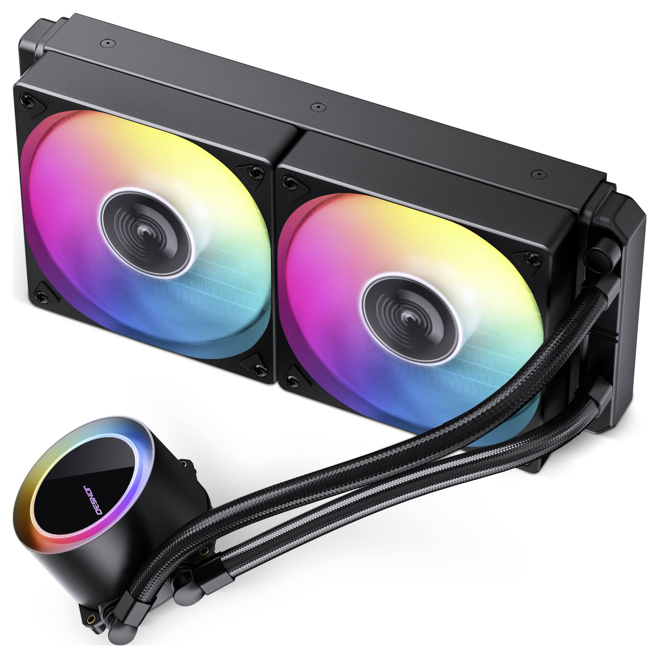 Ein 240-mm-Flüssigkeitskühler mit zwei RGB-Lüftern und einer Pumpe mit RGB-Beleuchtung, entwickelt für effiziente Kühlung und ästhetische Attraktivität in PCs.