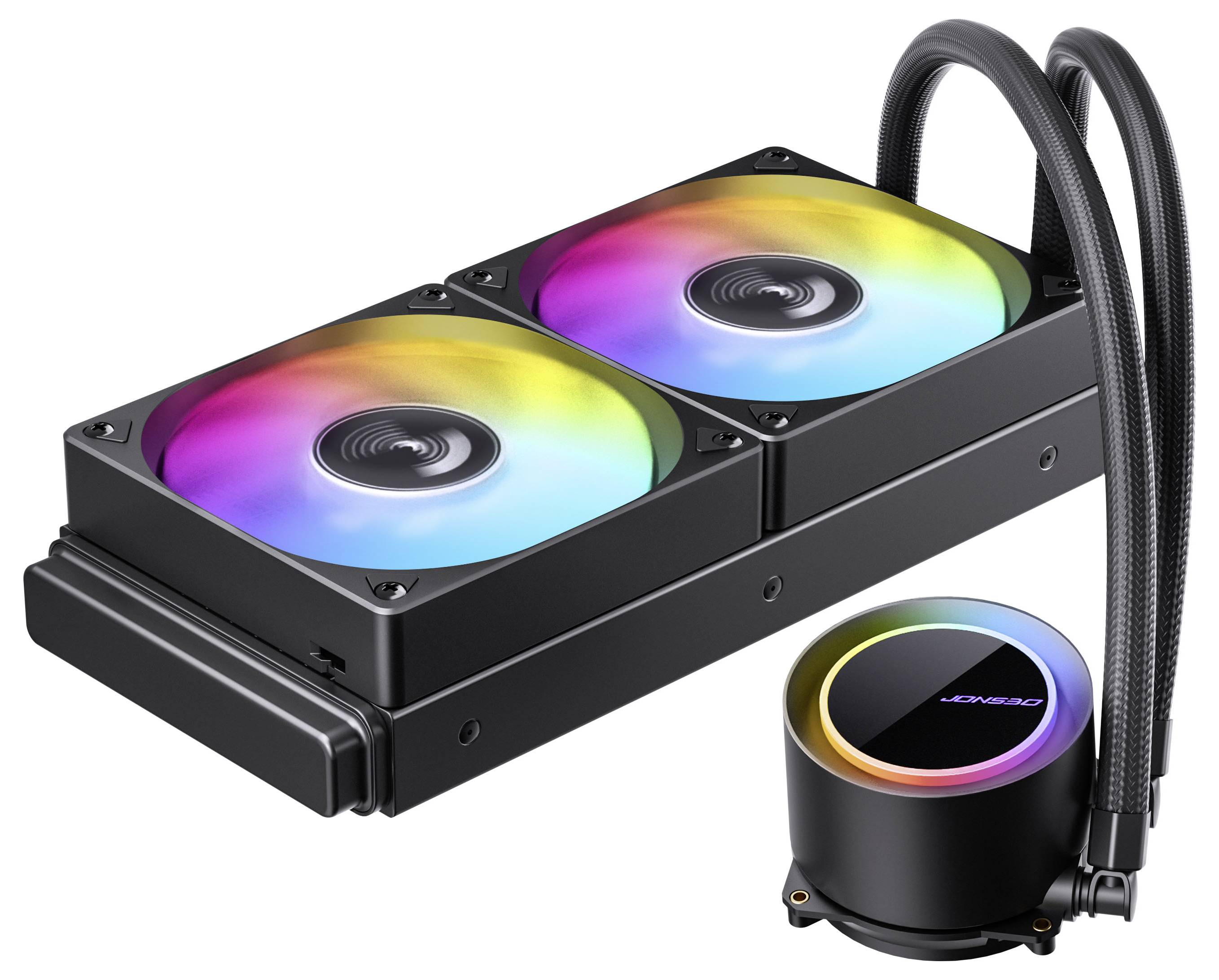 Flüssigkühlsystem für Computer mit Dual-RGB-Lüftern und einem Pumpenblock. Entwickelt zur Leistungssteigerung des PCs durch Aufrechterhaltung einer optimalen Temperatur.
