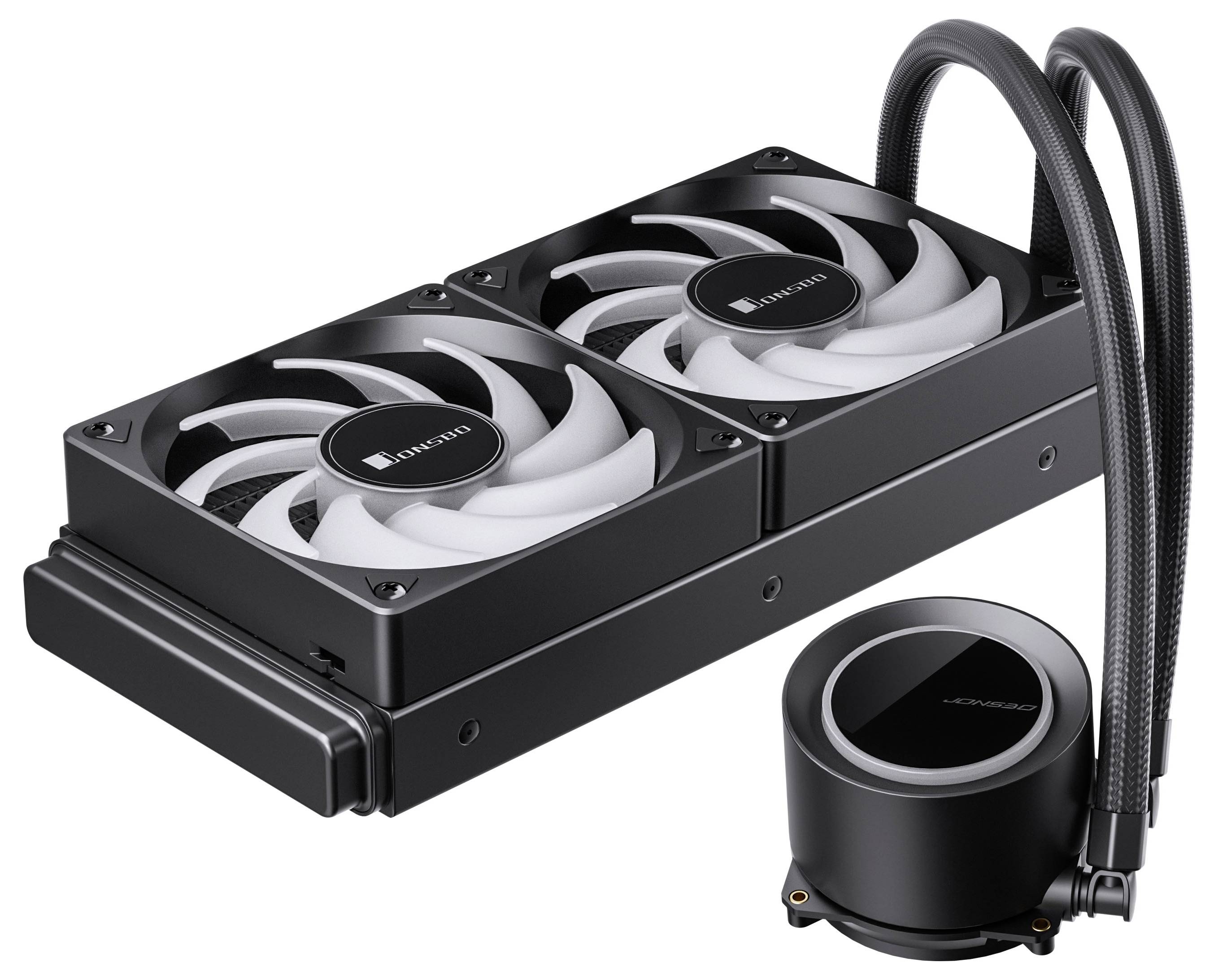 Ein Kühlsystem mit Zwillingsventilatoren und einer zylindrischen Pumpe; entwickelt für Computerhardware mit Schwerpunkt auf effizienter Wärmeregulierung.