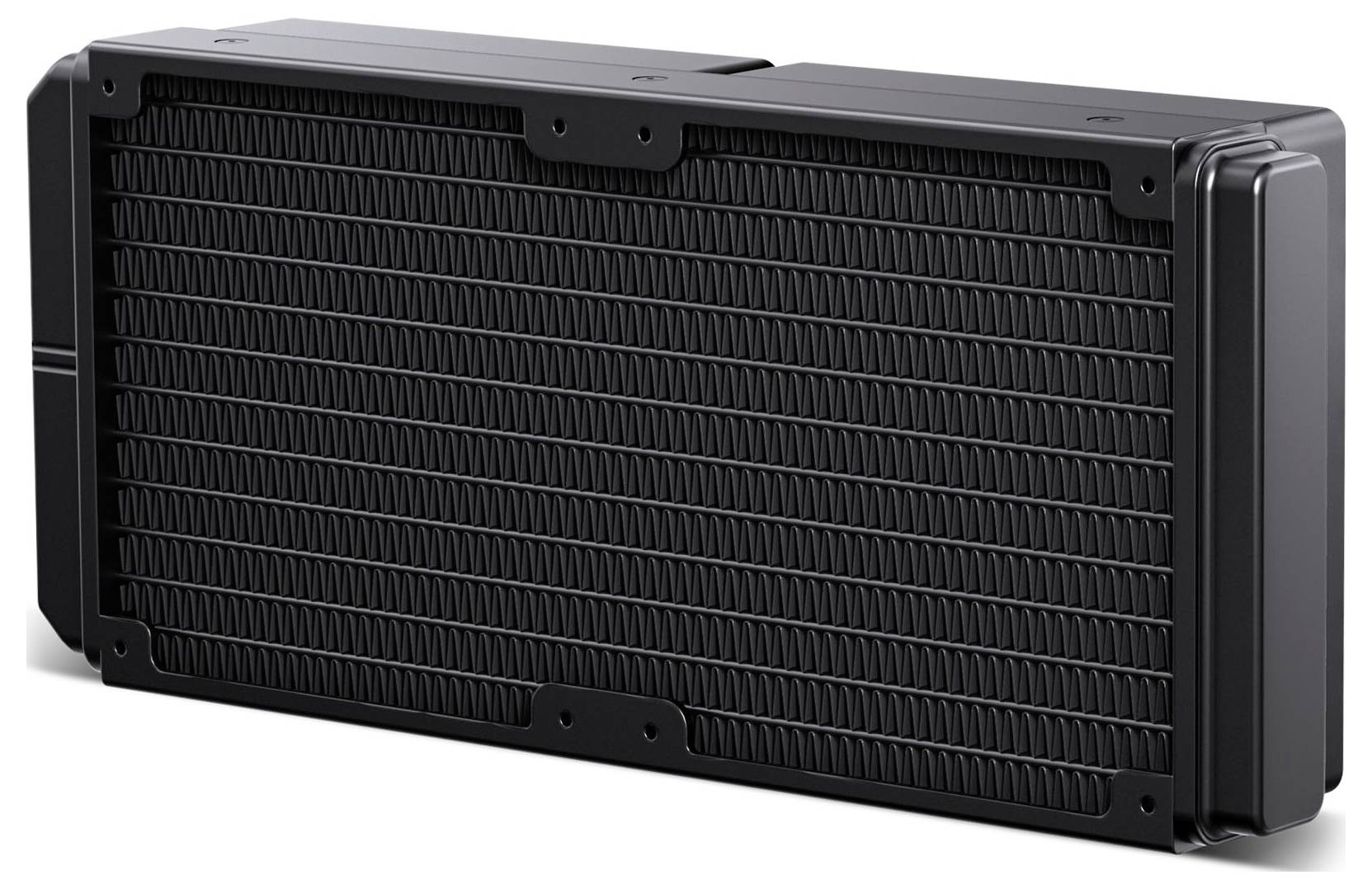 Ein schwarzer rechteckiger Computerradiator mit drei Lüfterplätzen, versehen mit einem Gittermuster und Schraublöchern zur Befestigung.