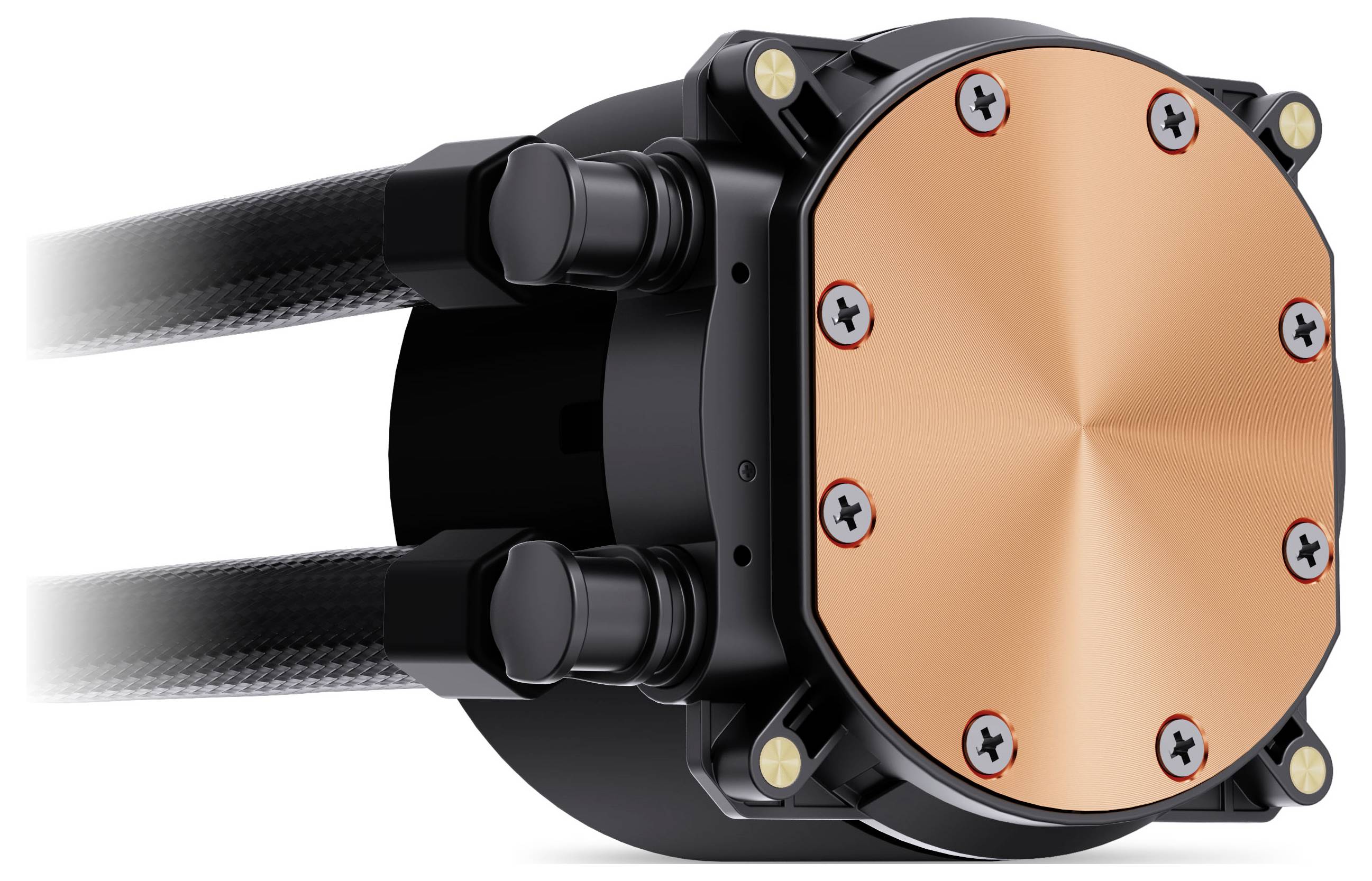 Eine runde, kupferfarbene Flüssigkeitskühleinheit mit sichtbaren Schrauben und schwarzen Schläuchen, entwickelt für Kühlungslösungen von Computerkomponenten.