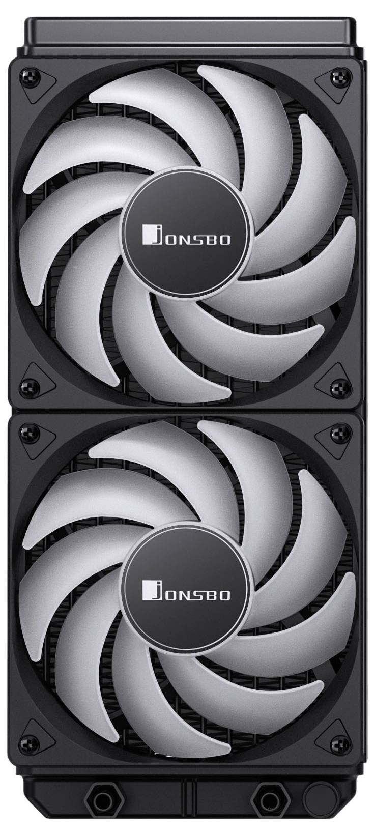 Eine Kühllösung mit zwei Lüftern, die in einem schwarzen Gehäuse mit silbernen Rotorblättern besteht, von der Marke 'Jonsbo', entwickelt für verbesserte Luftzirkulation in elektronischen Geräten.