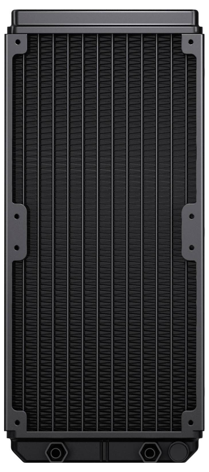 Ein vertikaler schwarzer Computerradiator mit einem Raster aus eng aneinanderliegenden horizontalen Kühlrippen, der zur Kühlung in Computersystemen verwendet wird.