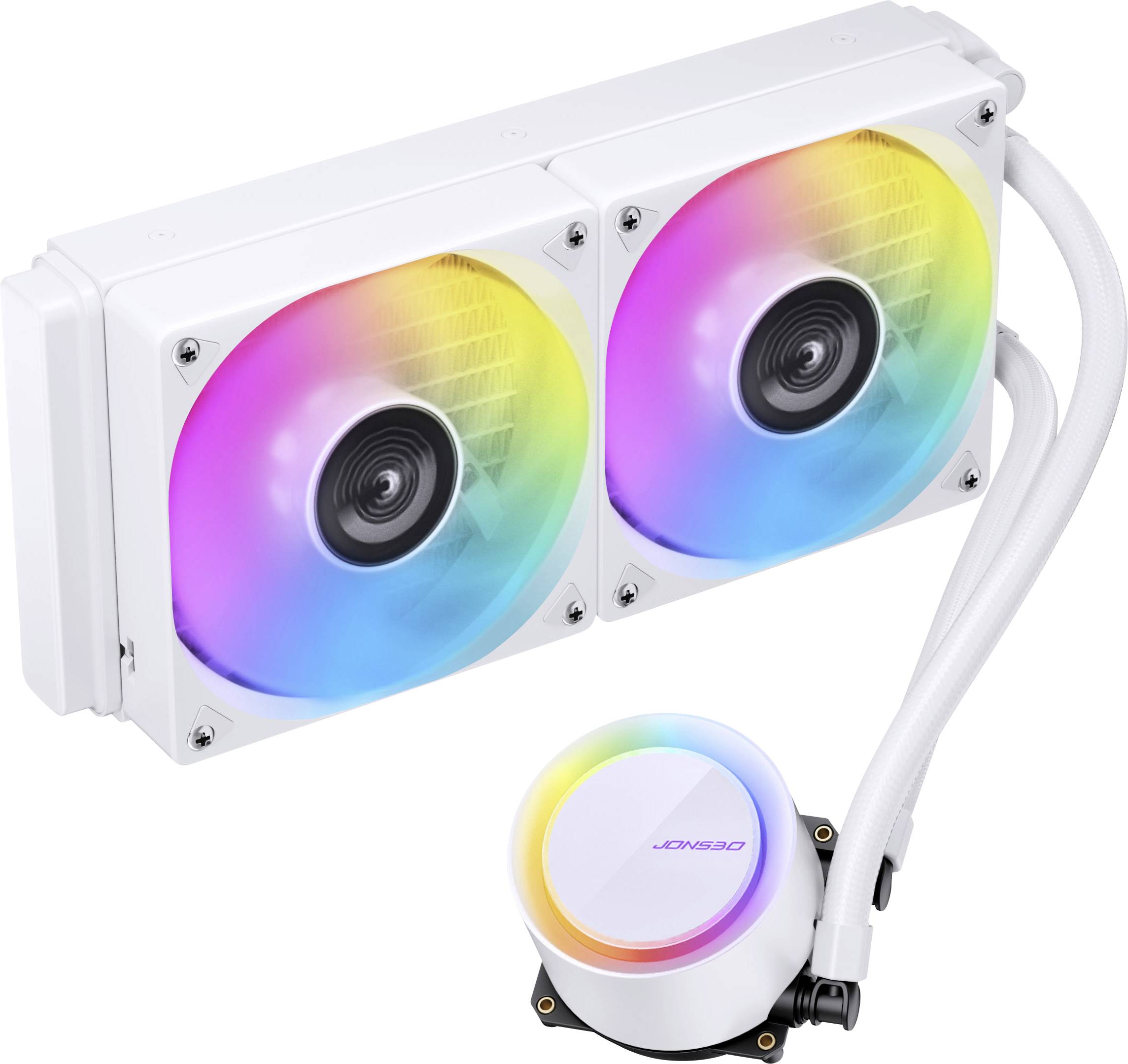 Ein weißes Flüssigkühlsystem für Computer mit zwei Lüftern, RGB-Beleuchtung und einer runden Pumpe, entwickelt zur Temperaturregulierung von PCs.