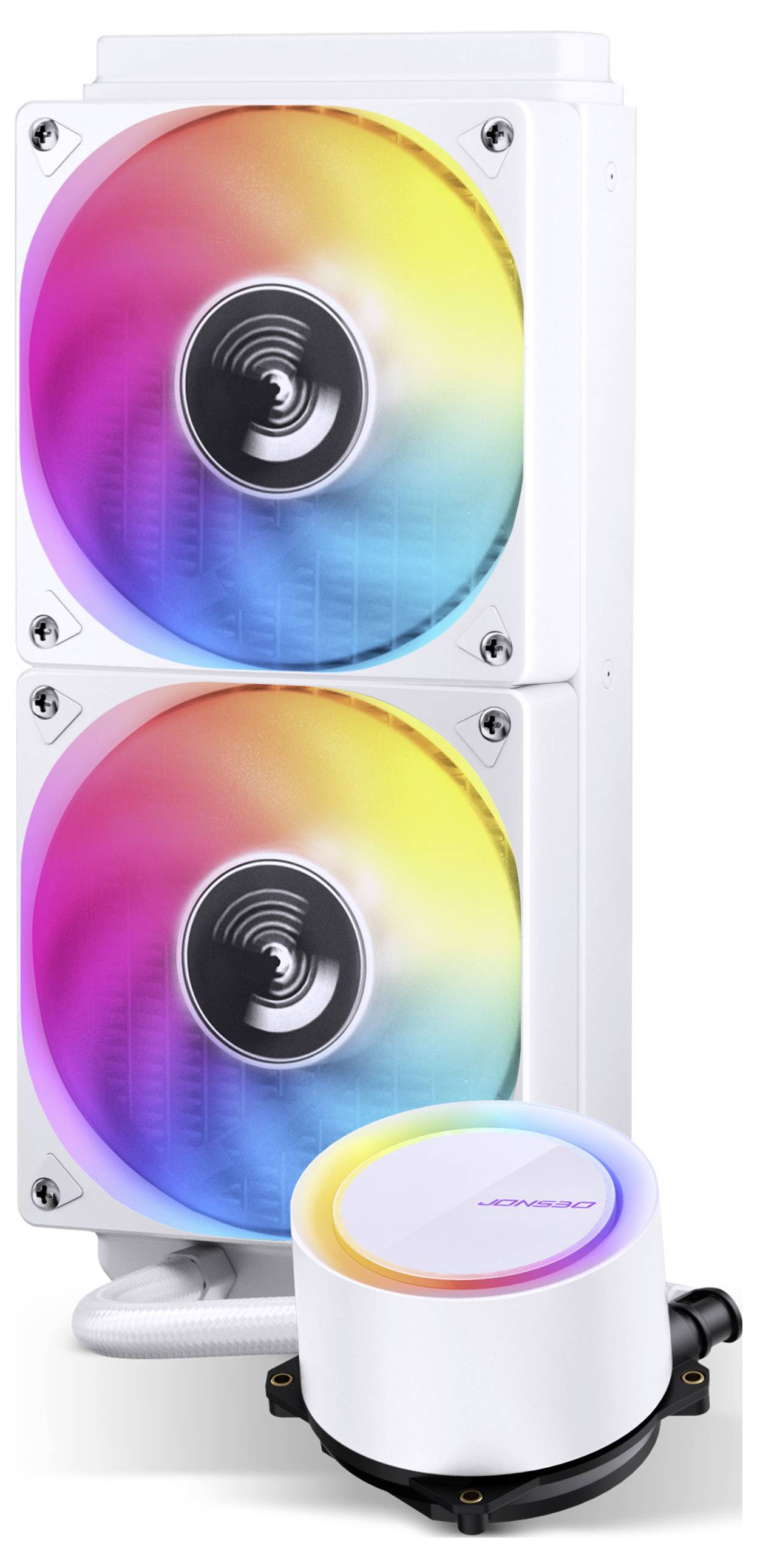 Computerkühlung mit zwei RGB-beleuchteten Lüftern und einer Pumpeneinheit in elegantem weißem Design.