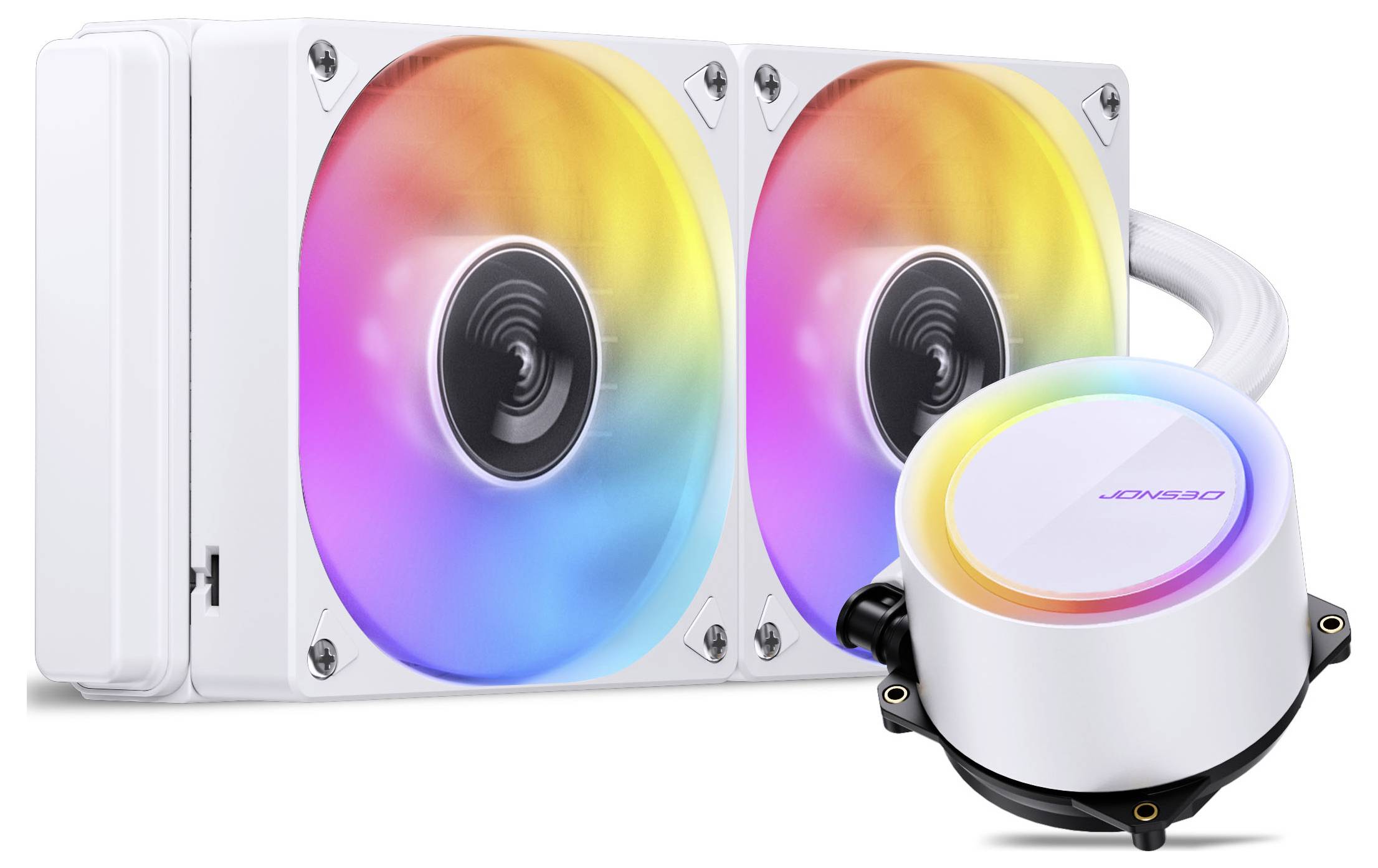 Ein weißer CPU-Flüssigkeitskühler mit zwei RGB-Lüftern und einer runden Pumpe mit RGB-beleuchtetem Deckel.