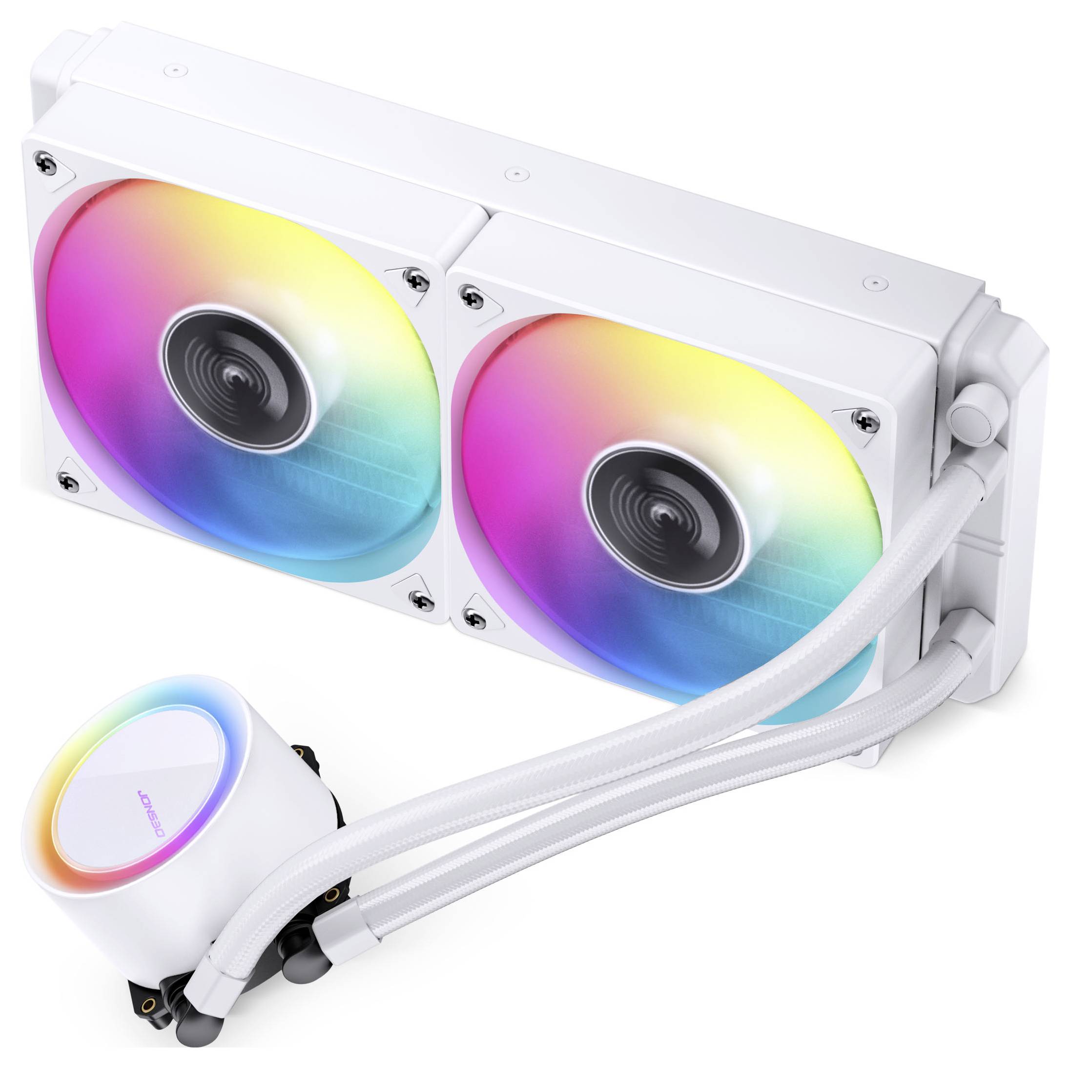 Weiße Computerkühlung mit zwei Lüftern, die leuchtende Rainbow-LED-Beleuchtung und einen angeschlossenen Wasserkühler aufweisen.
