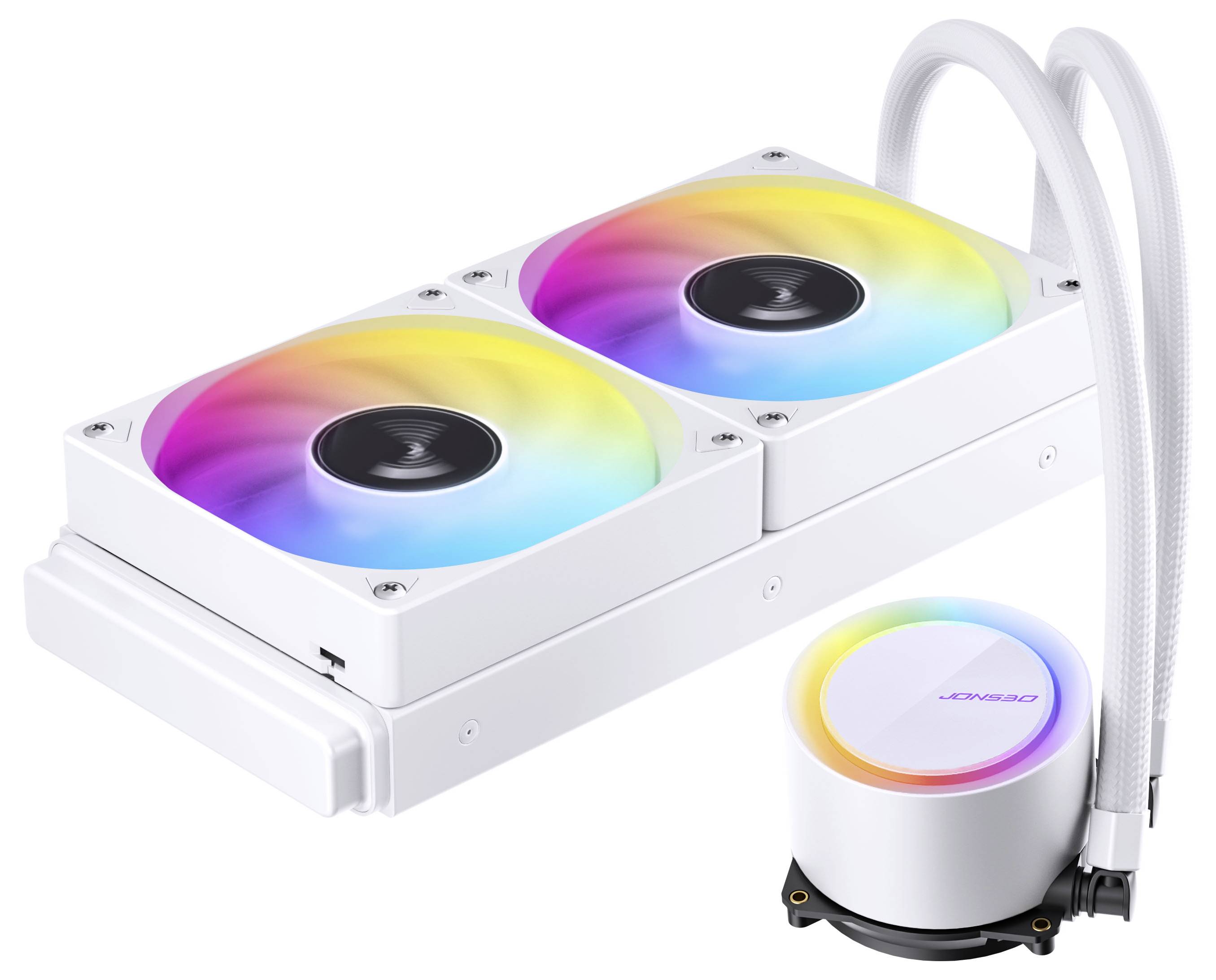 Ein weißer Dual-Fan-Flüssigkeitskühler für CPUs mit RGB-Beleuchtung, der über Schläuche mit einem kreisförmigen Pumpenblock verbunden ist und für die Kühlung von Computern entwickelt wurde.