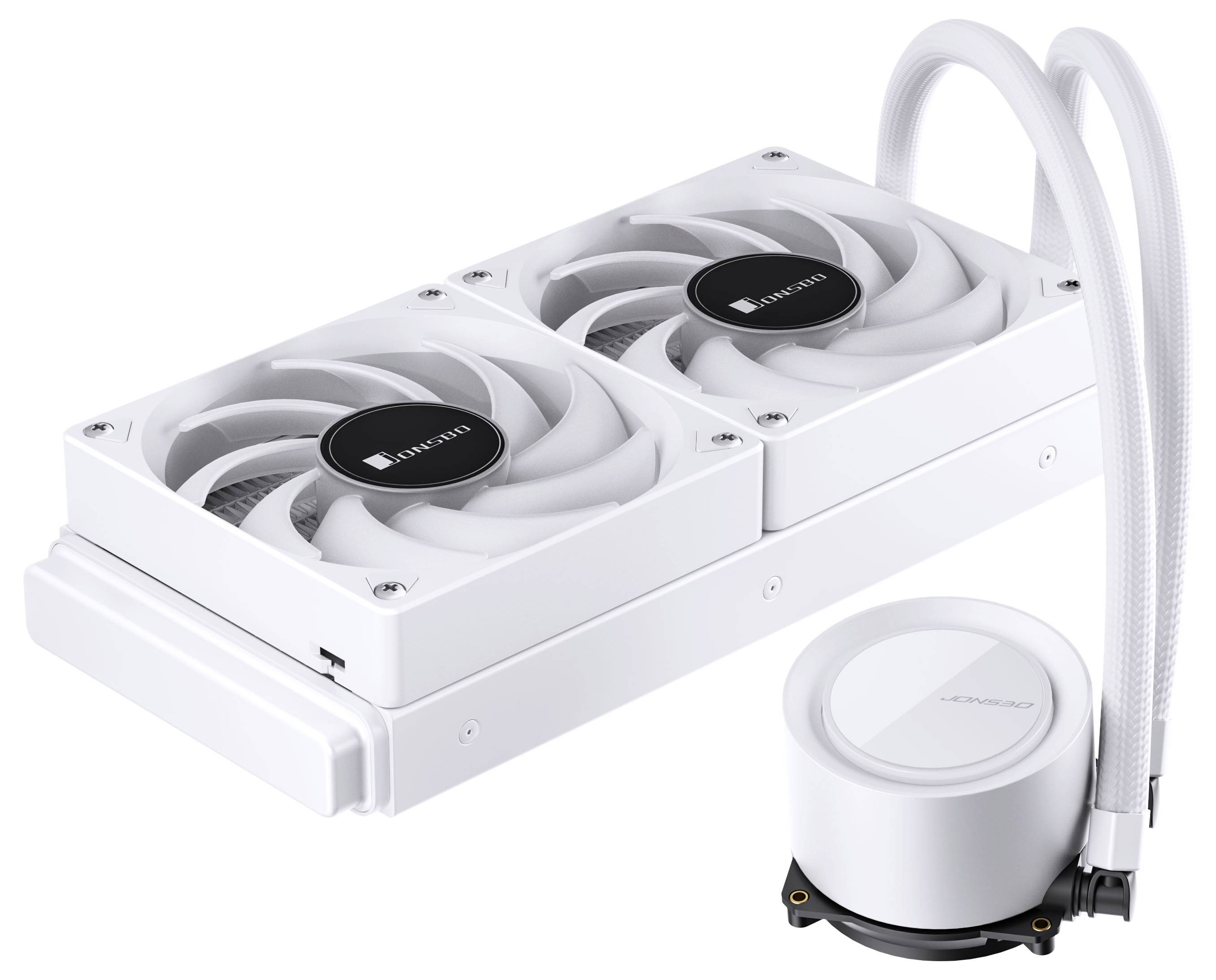 Weißes Computer-Kühlsystem mit zwei Lüftern und Wasserpumpe, verwendet zur Wärmereduzierung in Computerkomponenten.