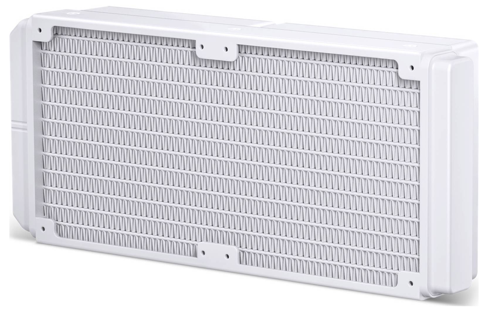 Ein rechteckiger Heizkörper mit weißem Rahmen, versehen mit gleichmäßig verteilten Rippen und Befestigungslöchern an jeder Ecke, aus einem Winkel betrachtet.