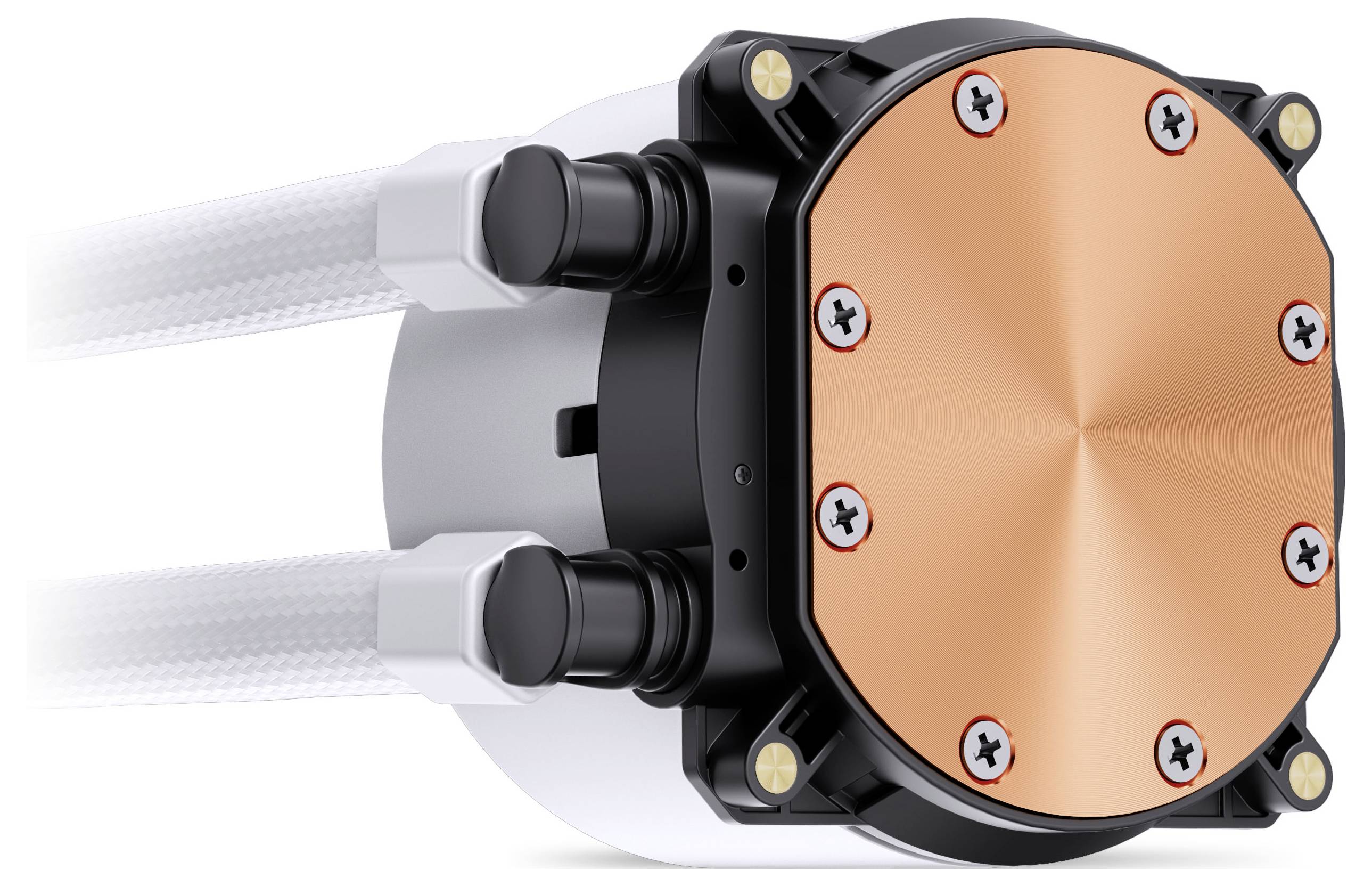 Ein Kupfer-CPU-Kühler mit zwei weißen geflochtenen Schläuchen zur Wärmeableitung, ausgestattet mit Schrauben und schwarzen Anschlüssen für eine sichere Befestigung.