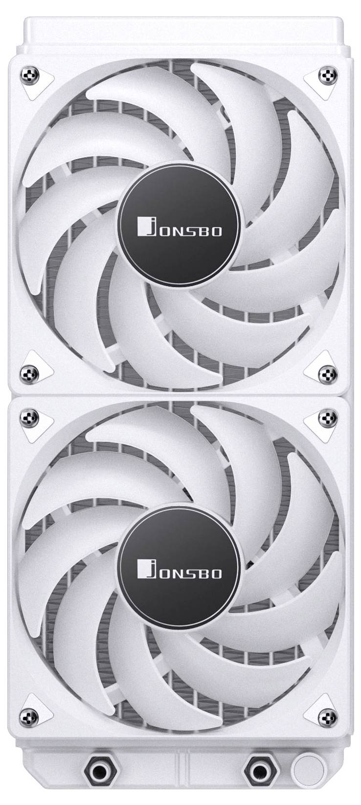 Eine weiße Computer-Kühleinheit mit zwei vertikal übereinander angeordneten kreisförmigen Jonsbo-Lüftern.