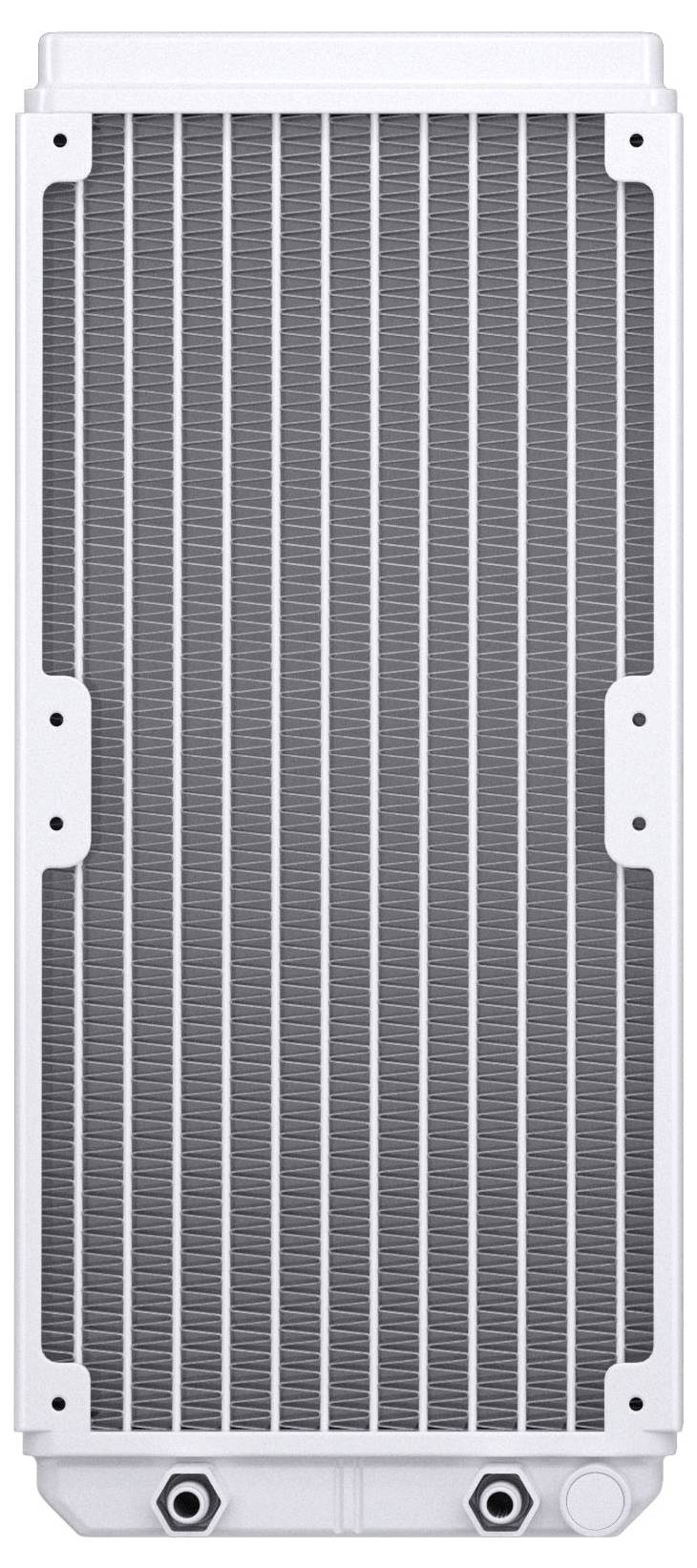Ein weißer rechteckiger Heizkörper mit vertikalen Metallflanken, ausgestattet mit zwei Ein- und Auslassanschlüssen am unteren Ende, konzipiert für Kühlsysteme.